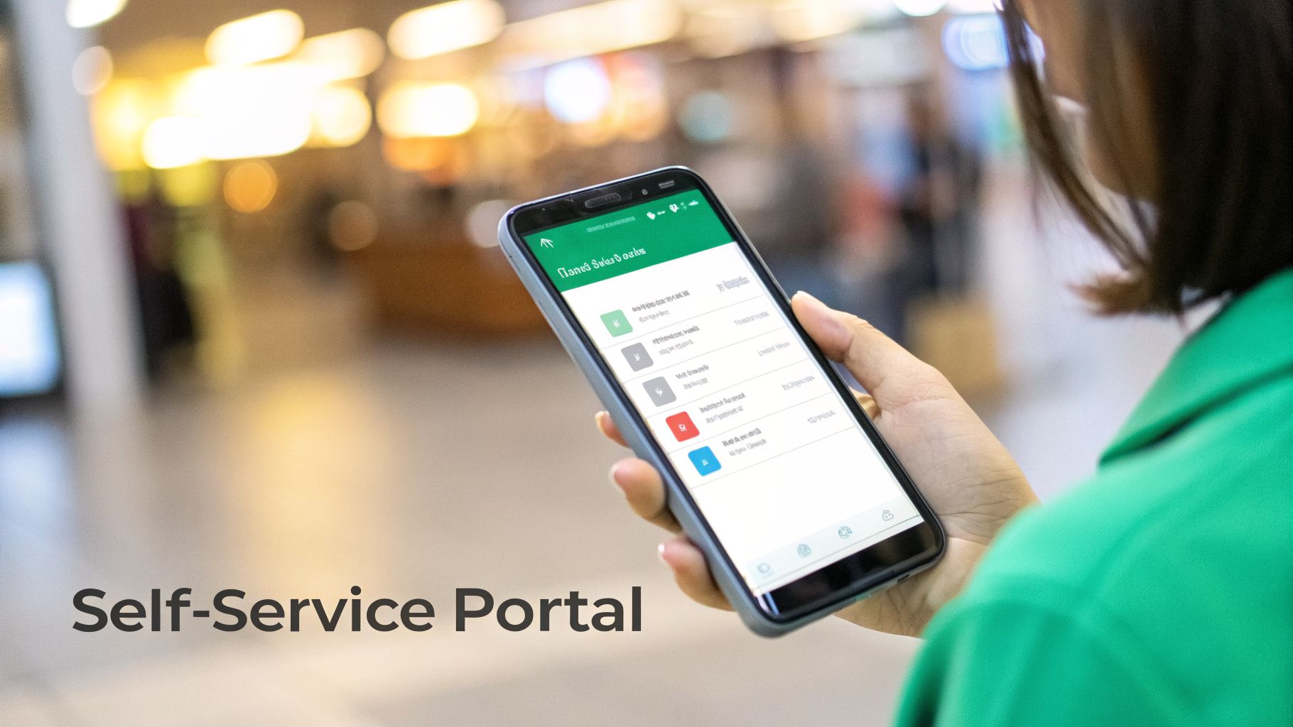 Person uses a smartphone to access a self-service portal application for managing services.