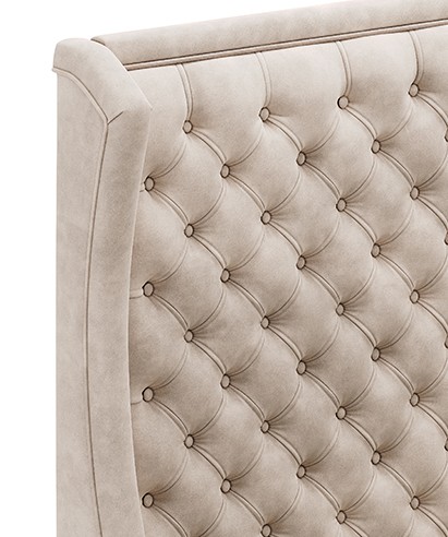 Close-up 3D render of tufted upholstered bed headboard with button stitching detail