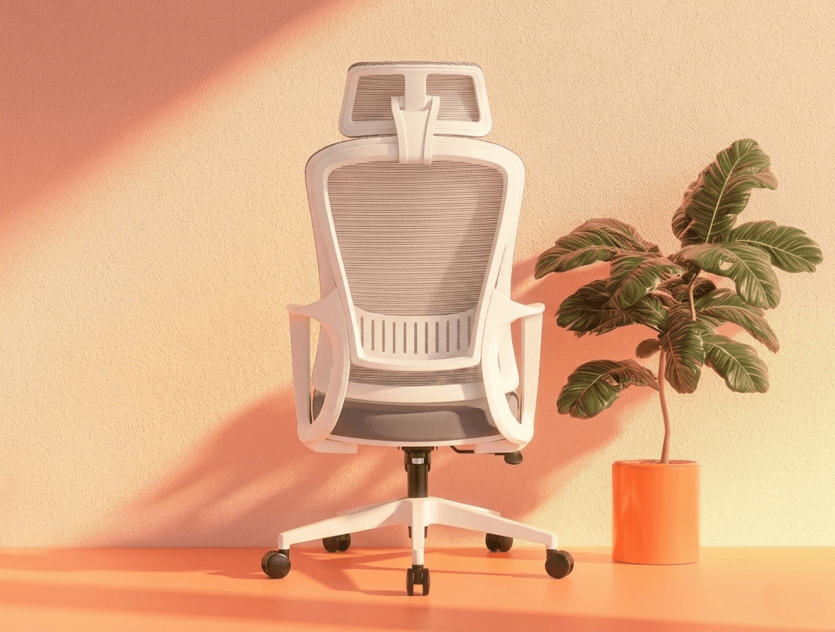 A rear view of a modern ergonomic office chair highlighting the SingOFai Furniture backrest component in matte black. The backrest features a high-tension mesh for breathability and a distinct Y-shaped structural spine that supports a horizontally ribbed lumbar panel. The chair is fully assembled with an adjustable headrest, sleek armrests, and a black five-star base, positioned on a light wooden floor against a warm, sunlit wall with artistic shadows.