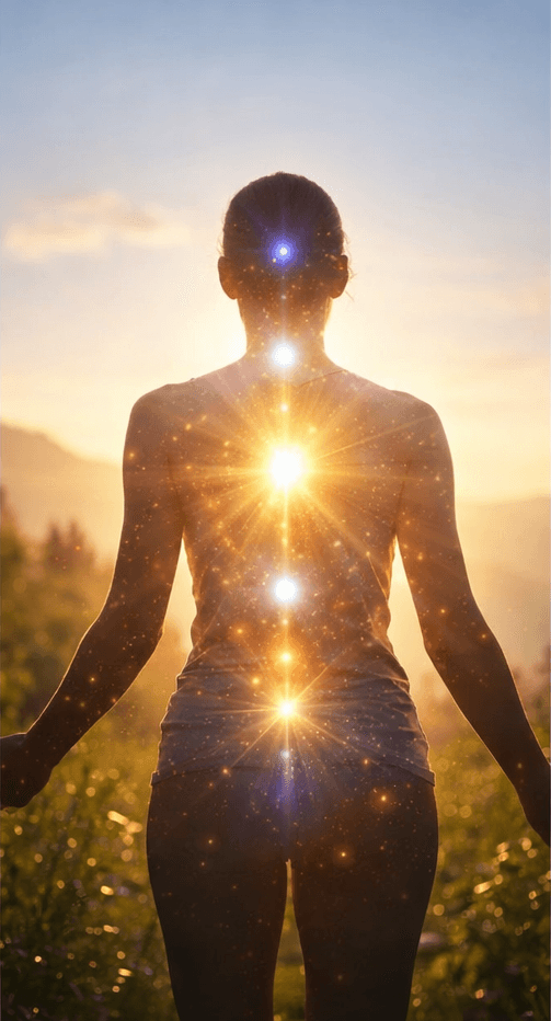 A woman receives a relaxing energy healing in a serene setting with soft lighting.