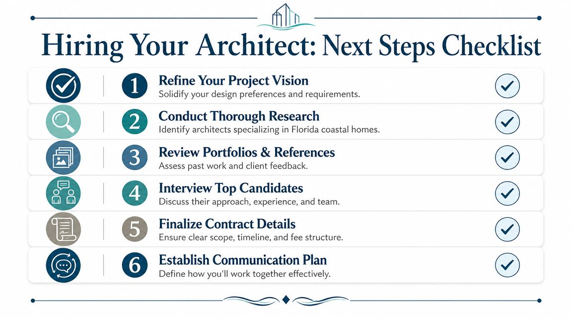 A six-step checklist for hiring an architect, titled Hiring Your Architect: Next Steps Checklist.