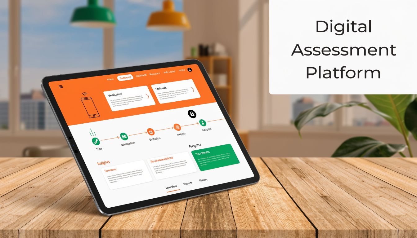 A tablet on a wooden desk displaying a digital assessment platform dashboard interface with orange and white colors.
