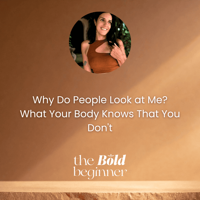 A Podcast episode thumbnail shows a boho minimalistic golden/taupe coloured background with a small circle frame showing the podcast host, a women smiling looking in the distance while playing with her hair, and the title of the episode underneath it