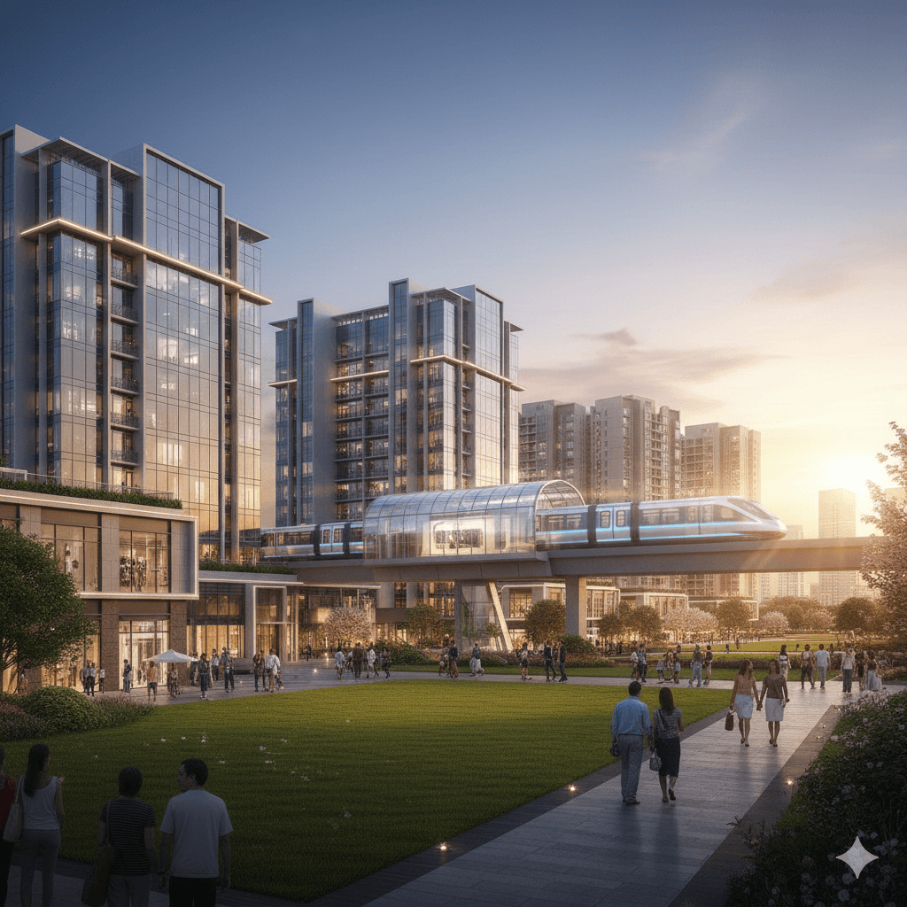 Sleek modern metro train passing through a vibrant urban commercial district at sunset