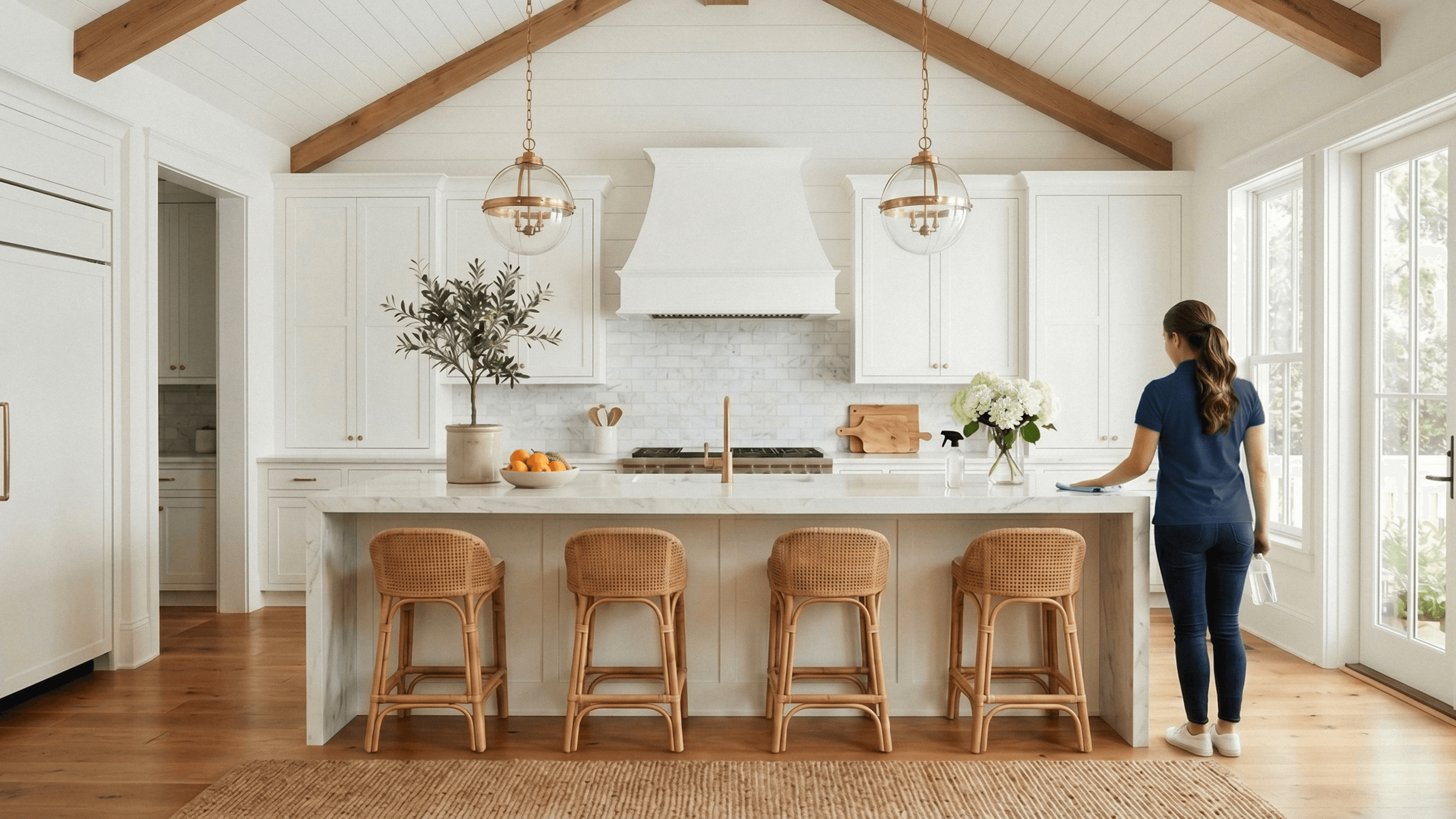 Shorelight cleaner wiping a marble island in a sunlit Nexton farmhouse kitchen