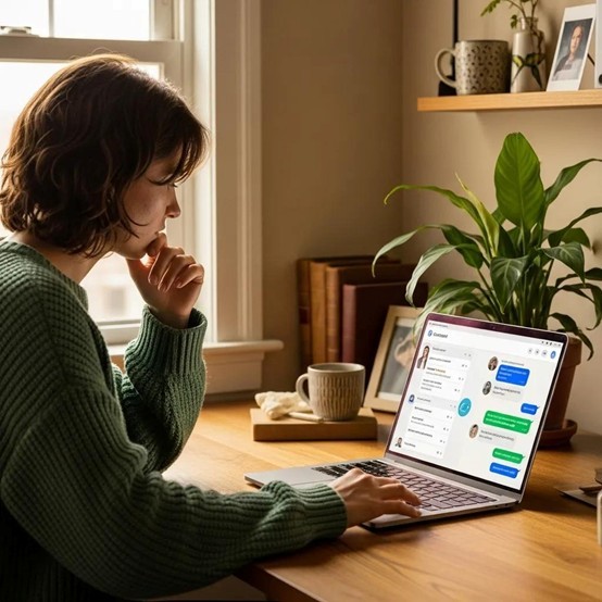 Cozy home office scene with a person interacting with AI technology, emphasizing personalized memory features