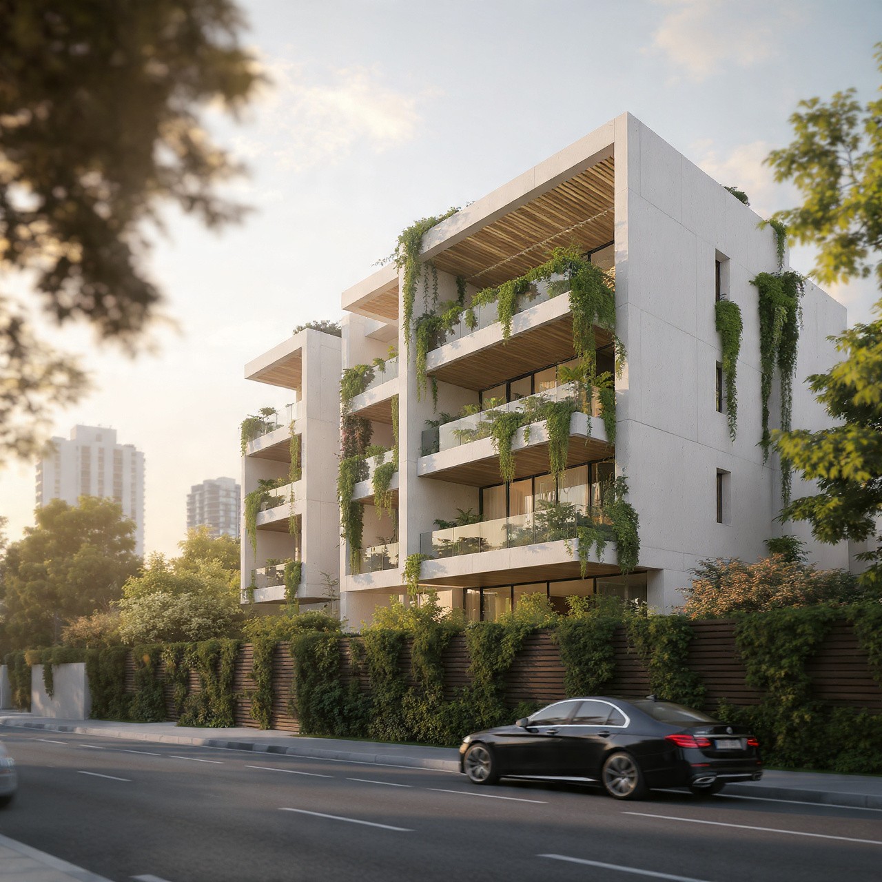 Modern apartment building with lush greenery draping the balconies, set against a sunset sky. A sleek black car drives by, creating an upscale, serene ambiance.