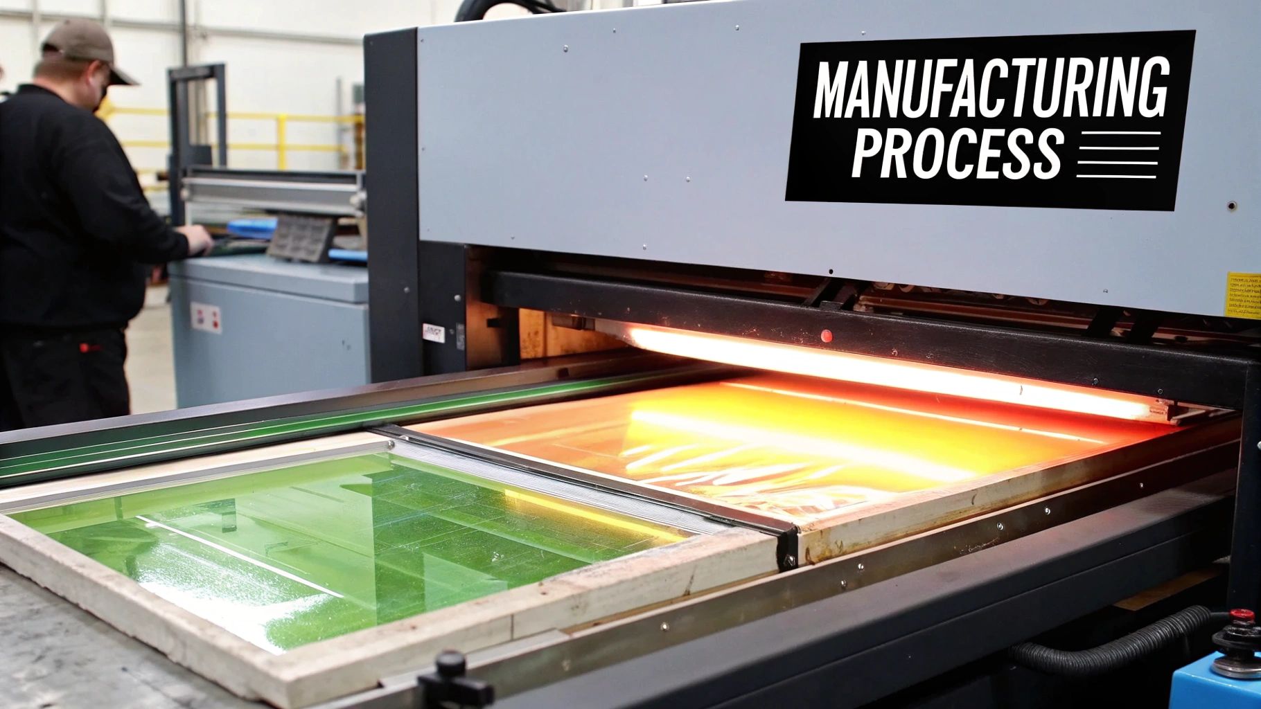 A worker operates a large industrial machine with heated elements, part of a manufacturing process involving green and orange screens.