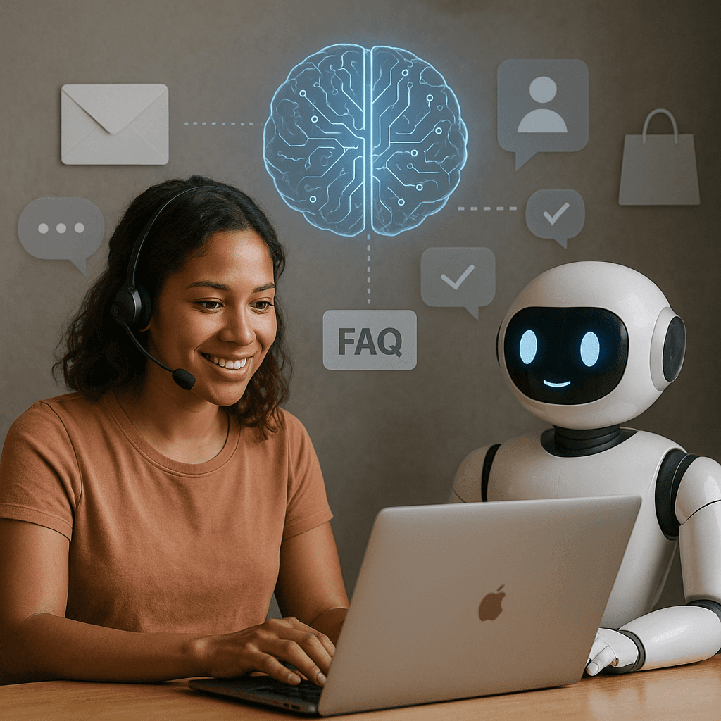 A woman smiling while working on a laptop next to an AI assistant robot, illustrating human, AI collaboration in customer support.