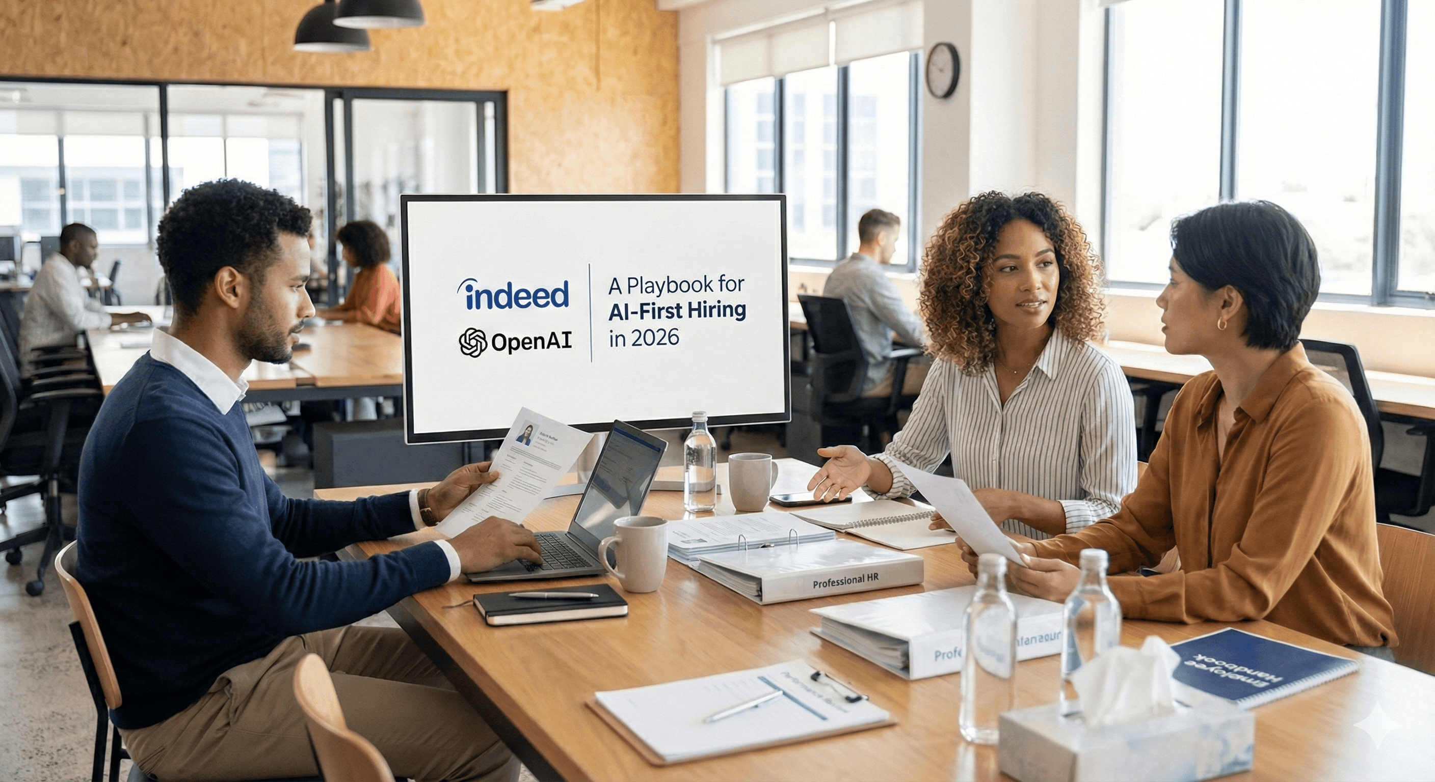 In a modern conference room, three individuals engage in a discussion around a table with documents and water bottles, while a large screen displays the logos of Indeed and OpenAI with the text "A Playbook for AI-First Hiring in 2026".