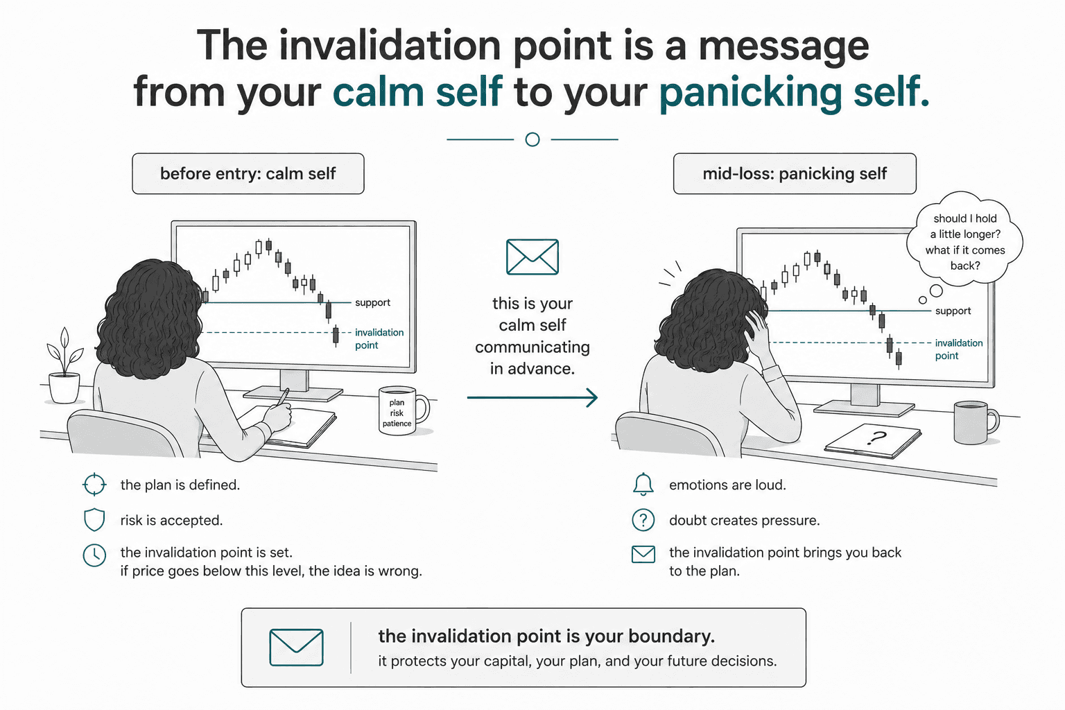 A calm trader who sets an invalidation point next to her future self who is panicking. You set invalidation points before the trade so that you don't have to panic