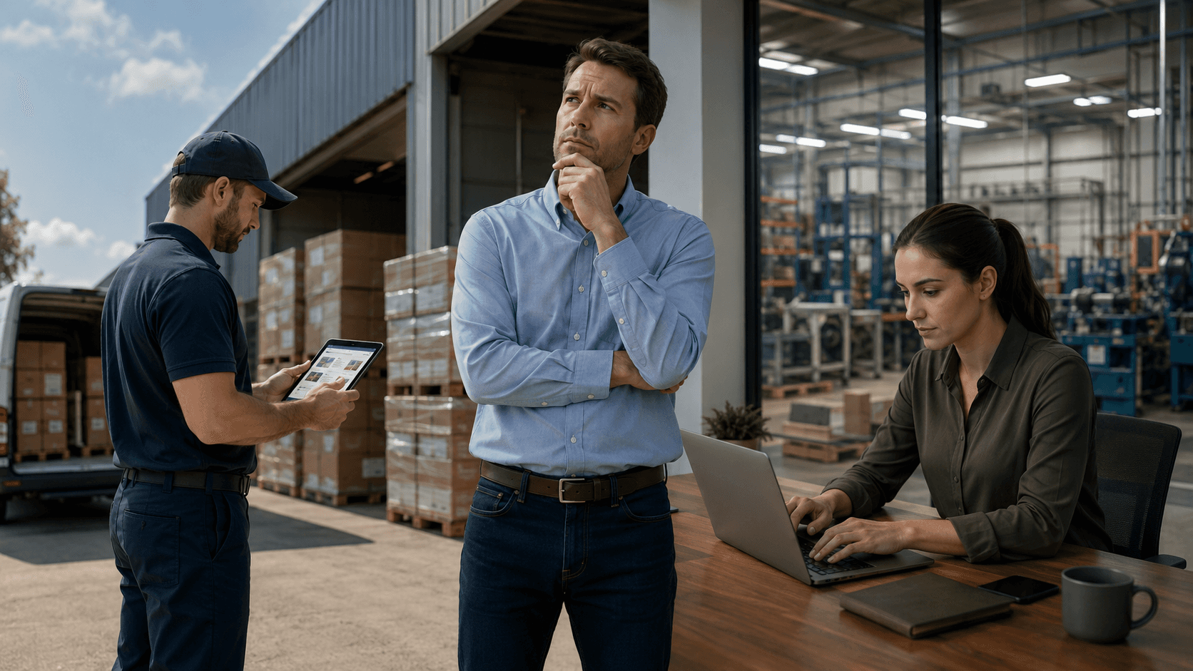 Imagem em estilo realista 3D mostrando o contexto de vendas B2B na indústria e distribuição. Em um ambiente integrado entre armazém e escritório industrial, um vendedor externo utiliza um tablet próximo a uma van de entregas, enquanto uma profissional trabalha em um notebook em uma mesa corporativa. Ao centro, um gestor observa a operação de forma analítica, sugerindo tomada de decisão entre diferentes soluções de tecnologia para equipes comerciais. O cenário transmite logística, vendas externas, mobilidade e operação industrial moderna.