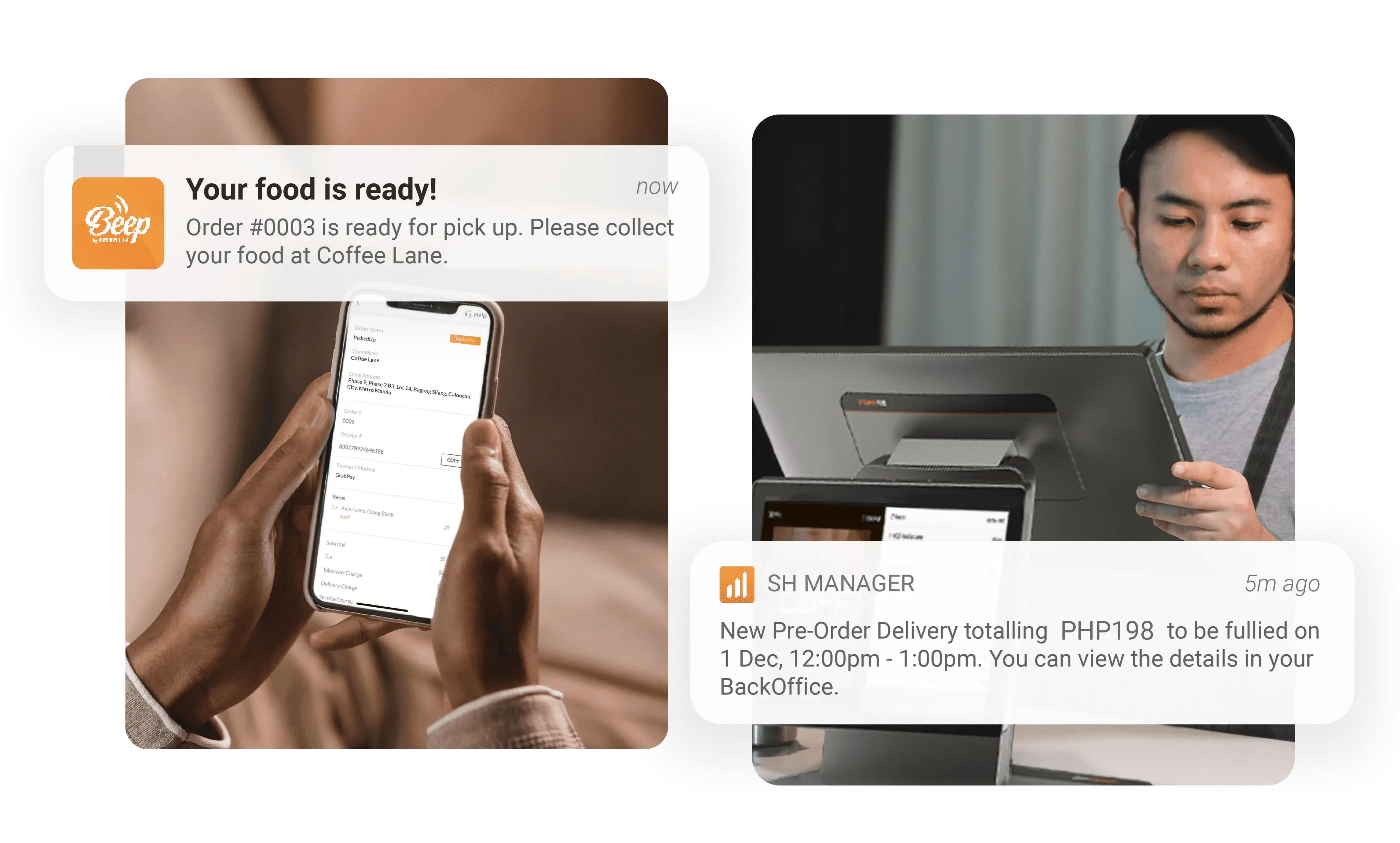 Real-time food order notifications for customers and merchants through StoreHub POS and online ordering system.