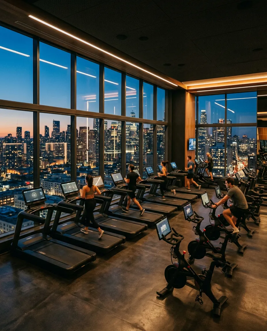 People exercise in a modern gym overlooking a city skyline at dusk.