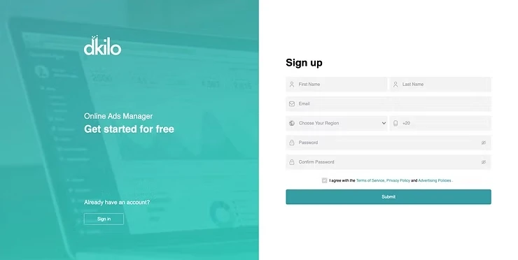 Sign-up screen for the dKilo advertising platform showing account creation and onboarding form.