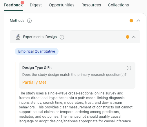 A thesify feedback card evaluating "Design Type & Fit," noting that a cross-sectional survey cannot support causal claims.