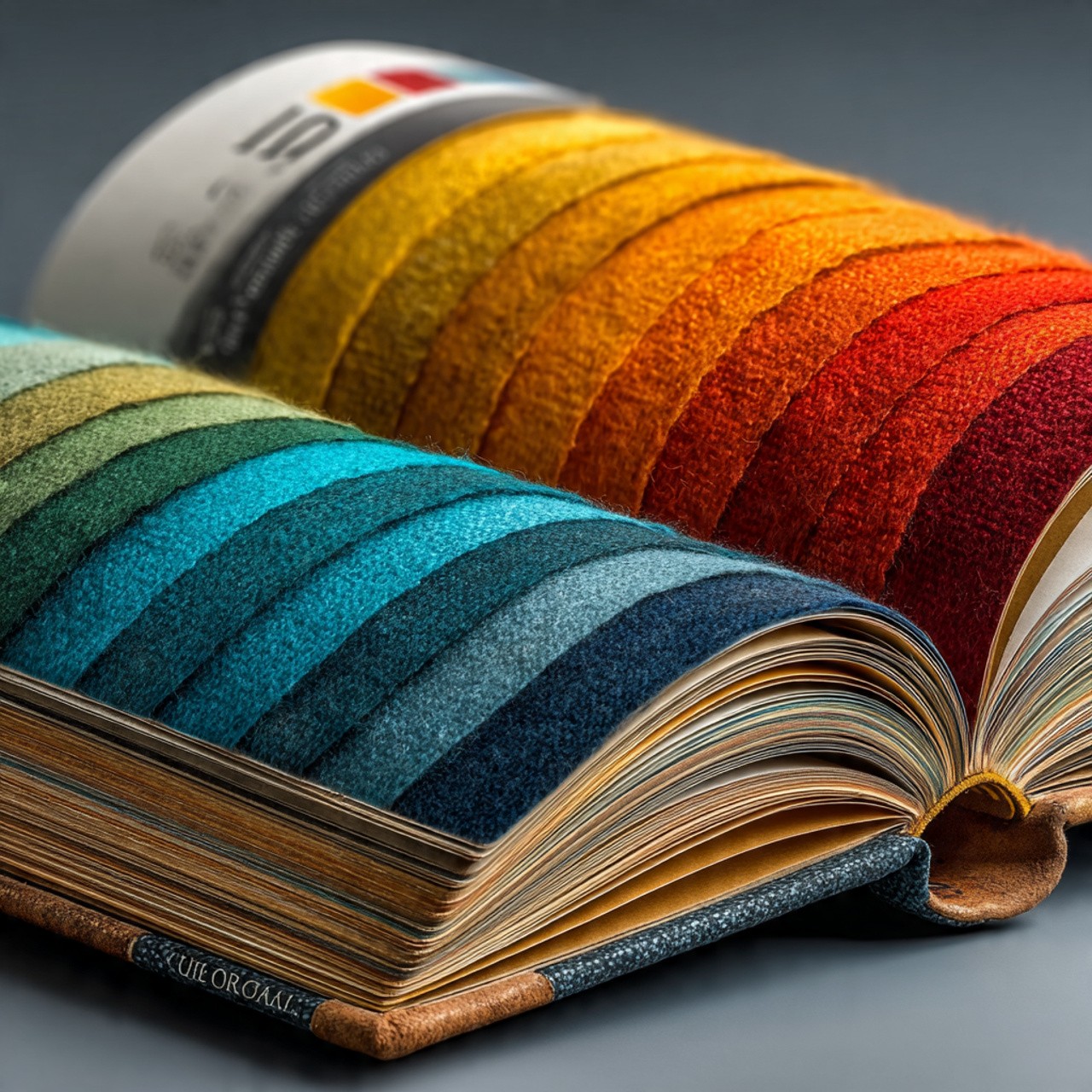 A close-up of an open book with layered fabric swatches. The left page has cool blues and greens, while the right shows warm yellows, oranges, and reds.