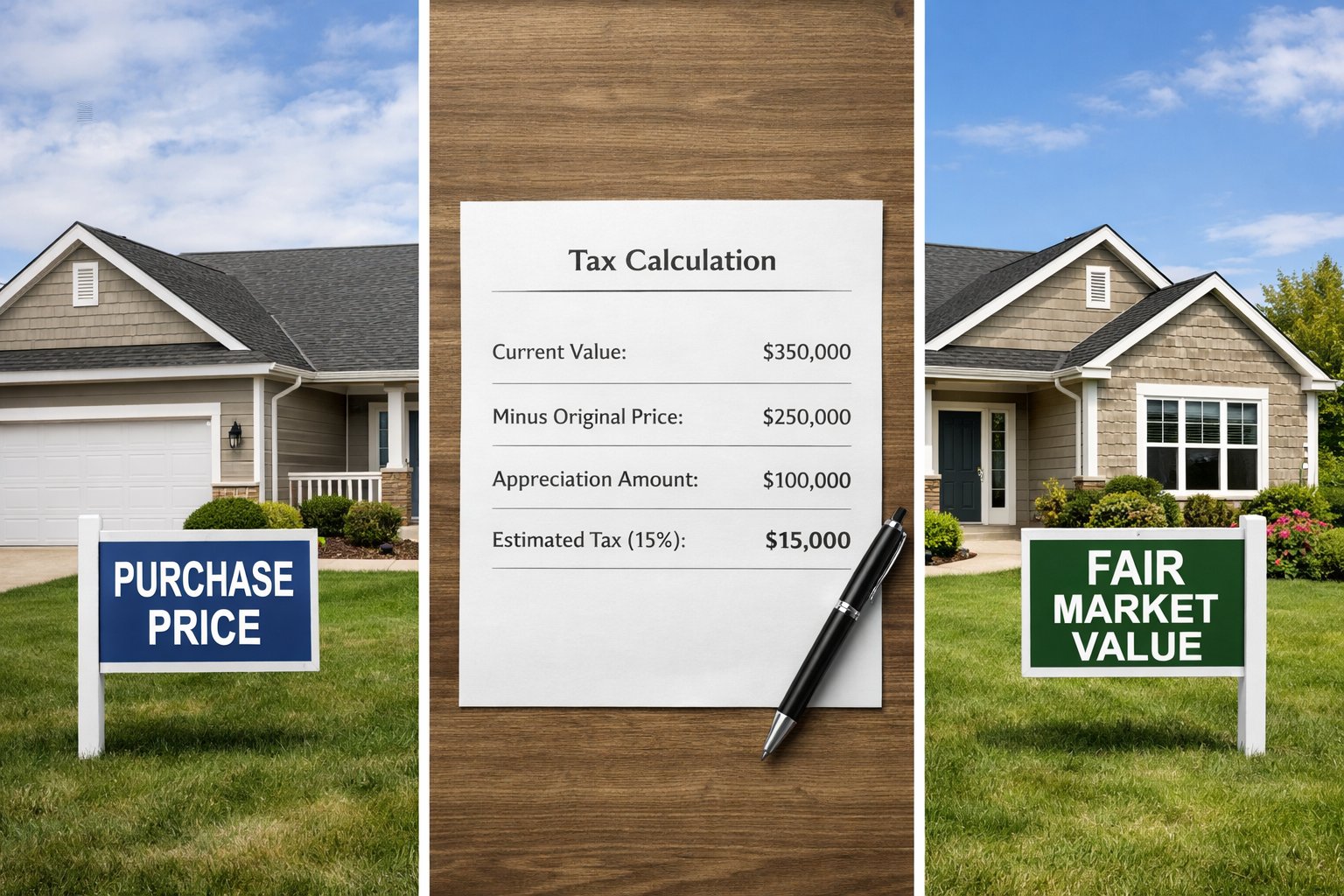 Before-and-after house valuation showing purchase price on one side, fair market value on the other, with a small tax calculation sheet in between.
