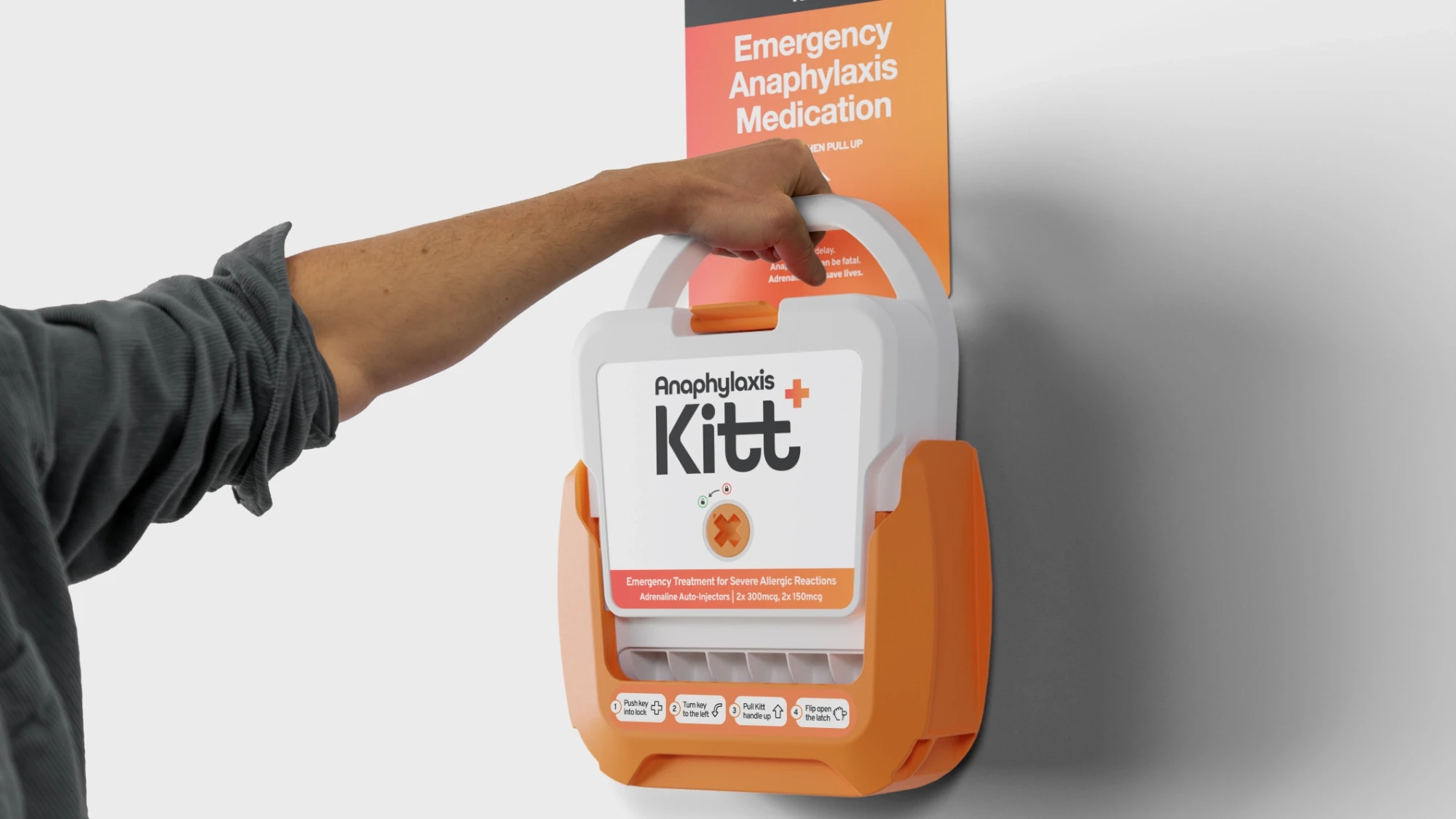 Wall-mounted emergency medication unit being opened to access anaphylaxis treatment system.