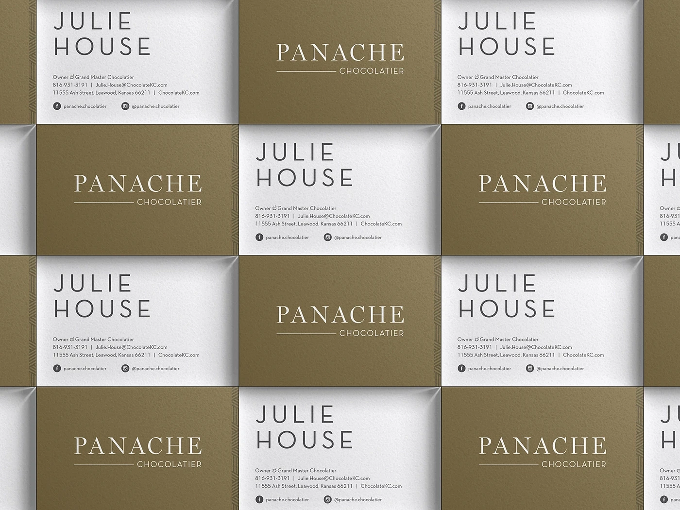 Business cards, displaying both front and back, exhibit the Panache Chocolatier logo and contact information for Julie House.