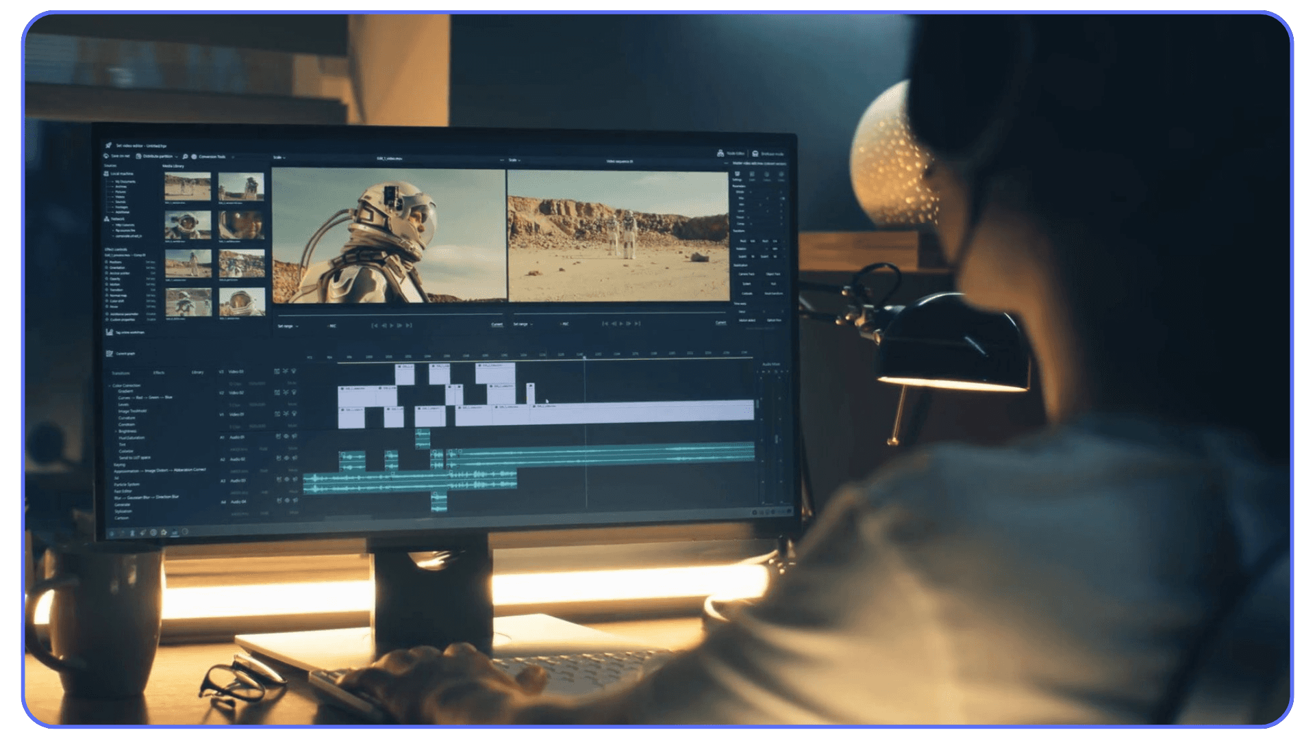 Video editor working on a desktop workstation with a long-form timeline open on screen