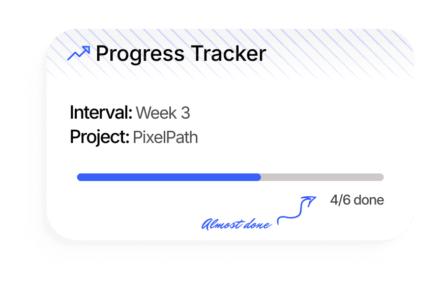 Progress tracker displaying "Interval: Week 3" and "Project: pixelpath" with a loading bar showing progress.