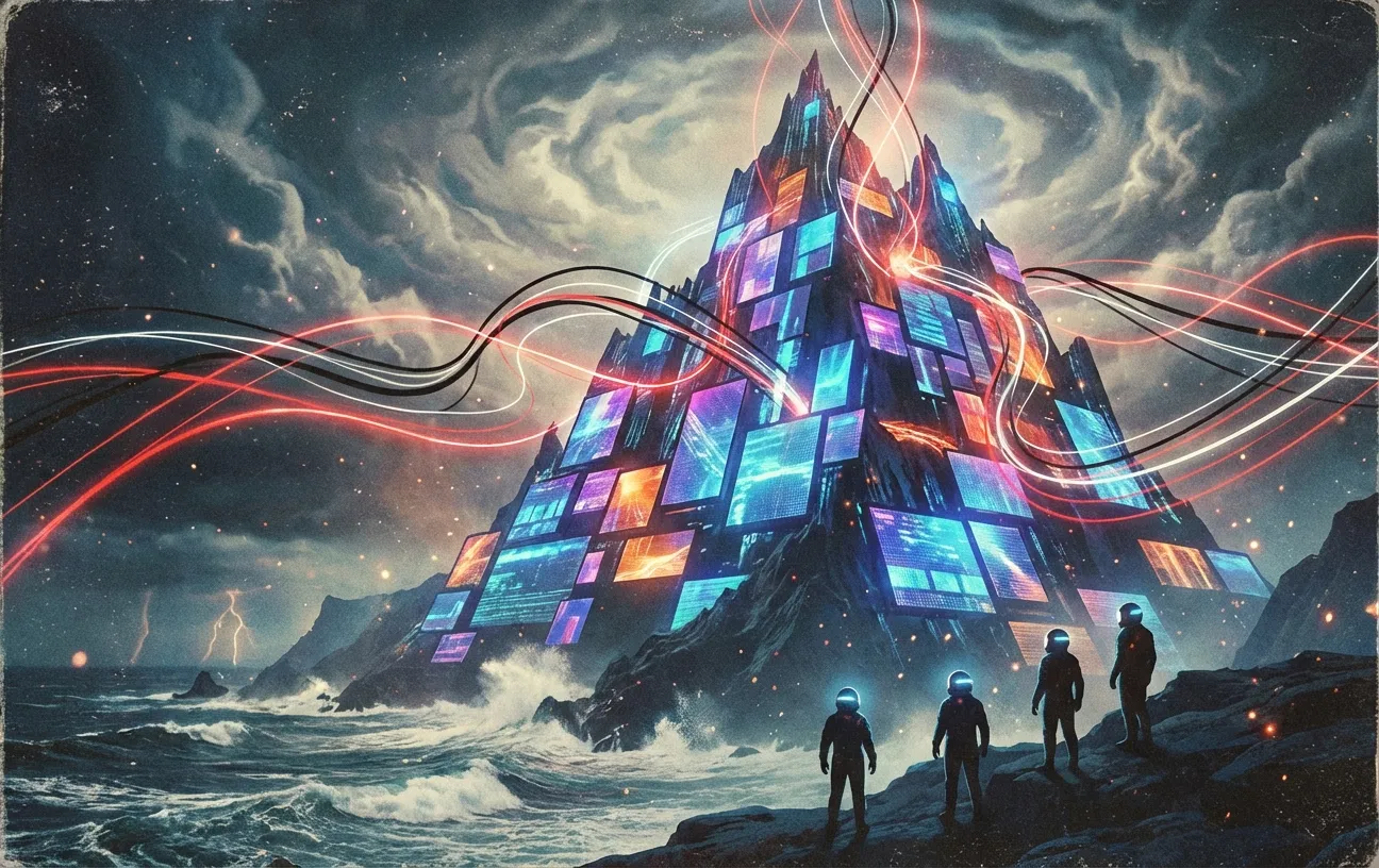 Astronauts near a neon pyramid. RockN' Socials in digital marketing agency scene.