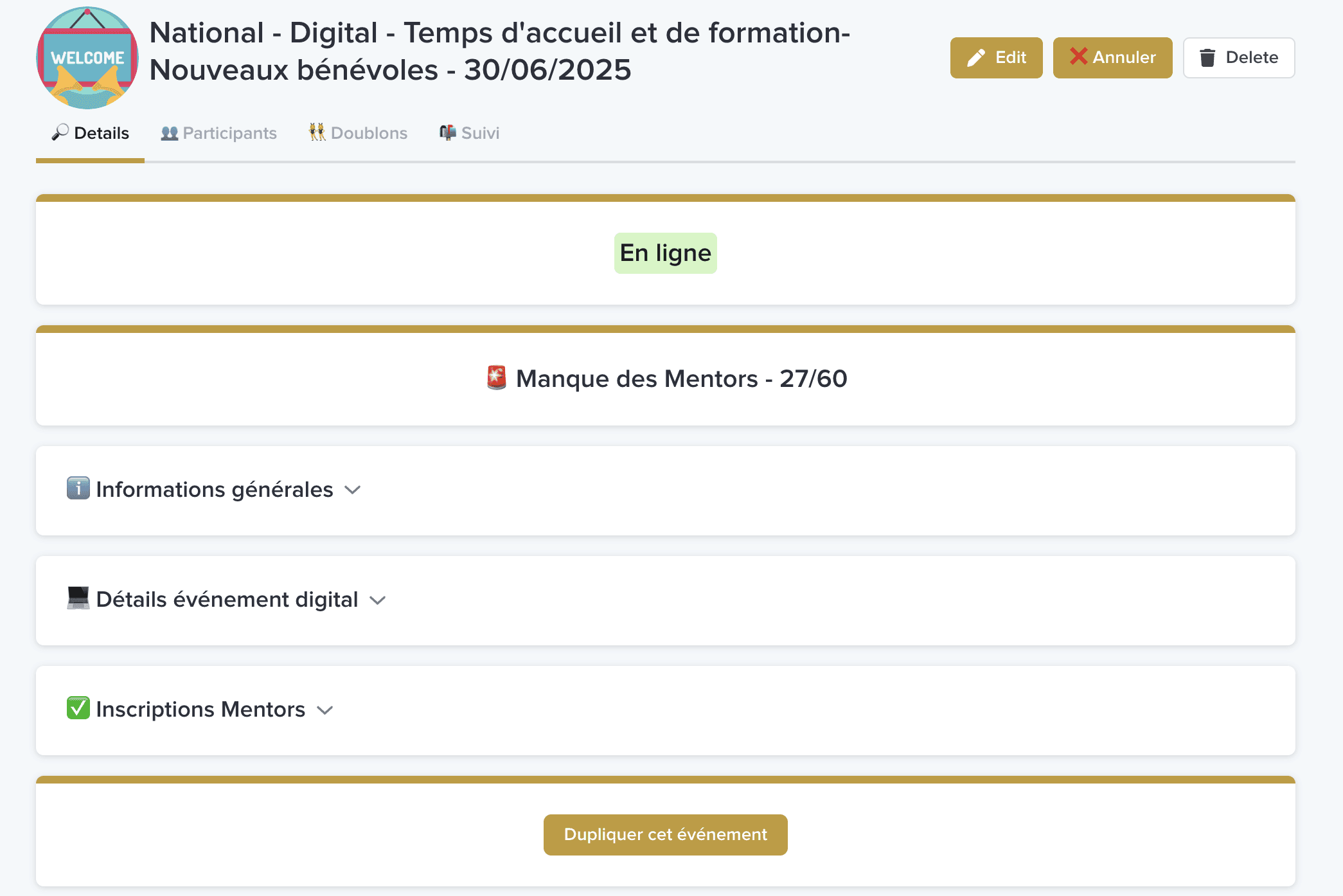 Capture d’écran de l’interface de gestion d’événements conçue avec Stacker pour Article 1, permettant aux équipes de visualiser et suivre les inscriptions en temps réel.