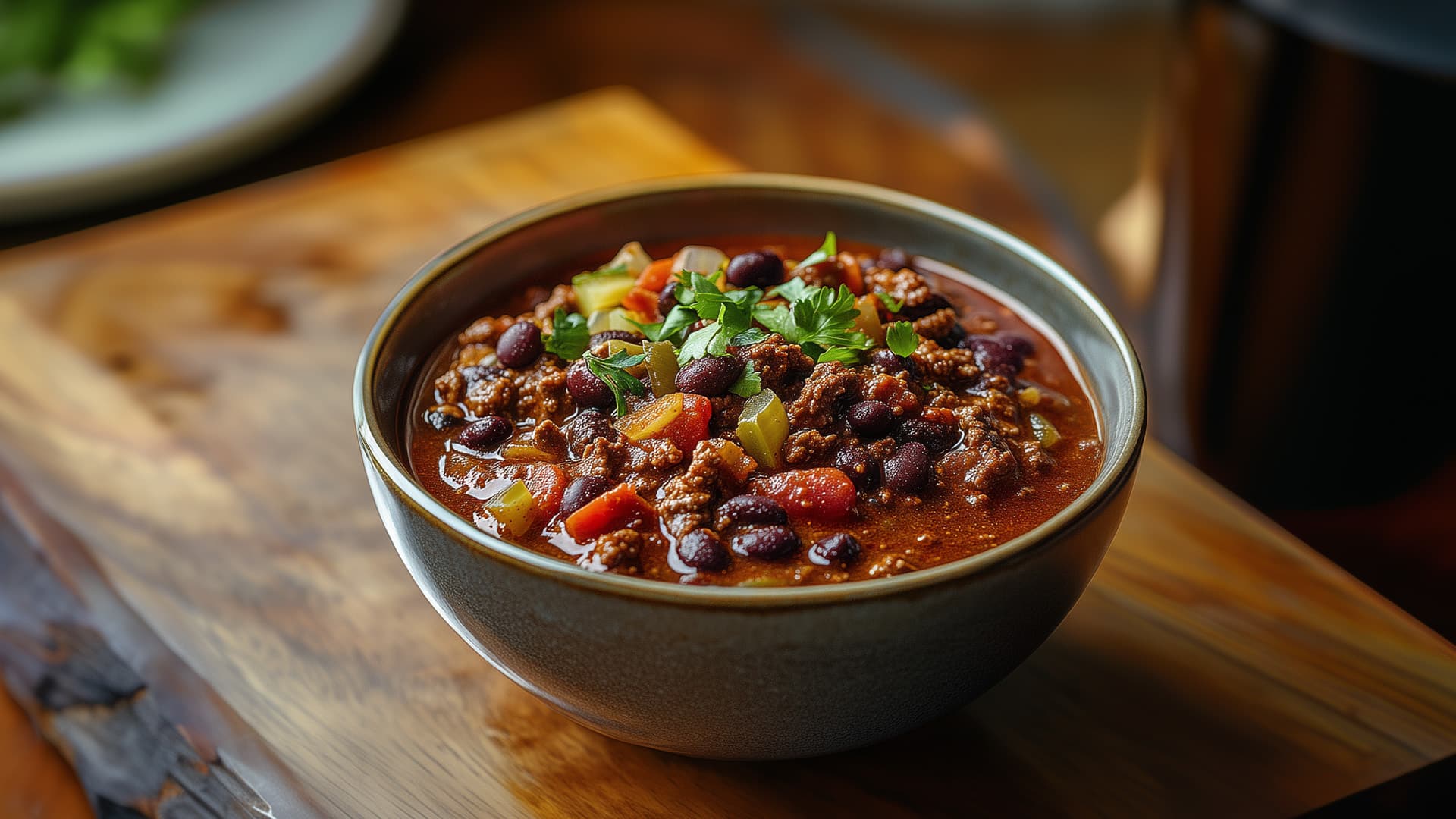 Eine Schüssel High-Protein Chili mit Rinderhack, Kidneybohnen und schwarzen Bohnen, garniert mit frischen Kräutern.