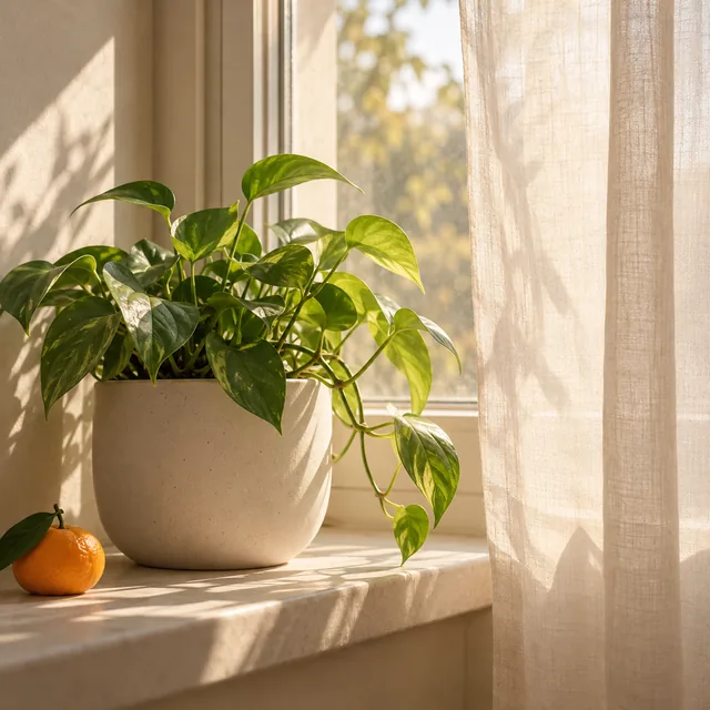 Green plant in a white pot by a sunny window