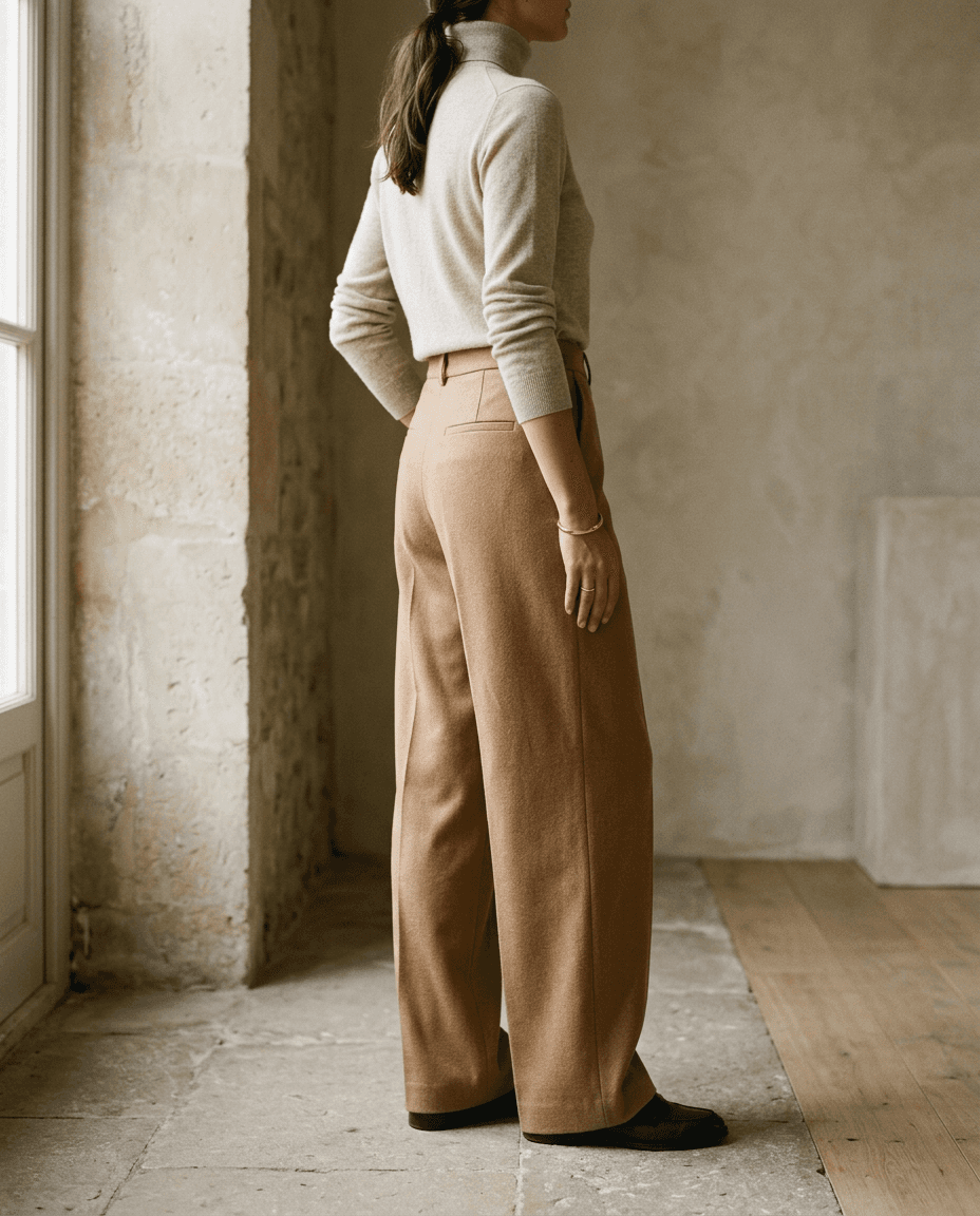Camel Wide-Leg Wool Trousers — Camel — full