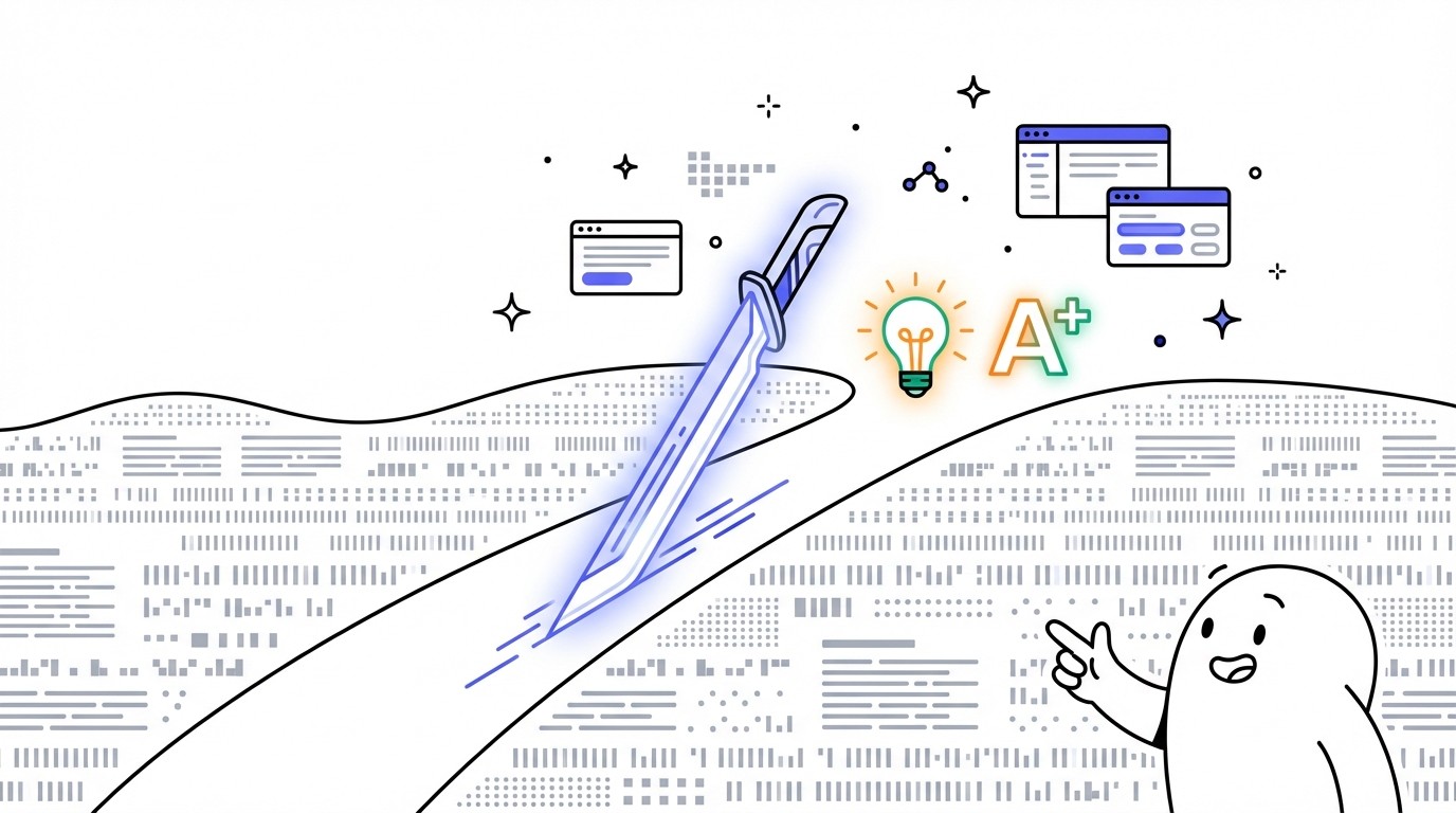 An illustration showing a bright, sharp digital blade cutting through a dense, uniform mass of generic AI content, revealing a clear, unique insight beyond.