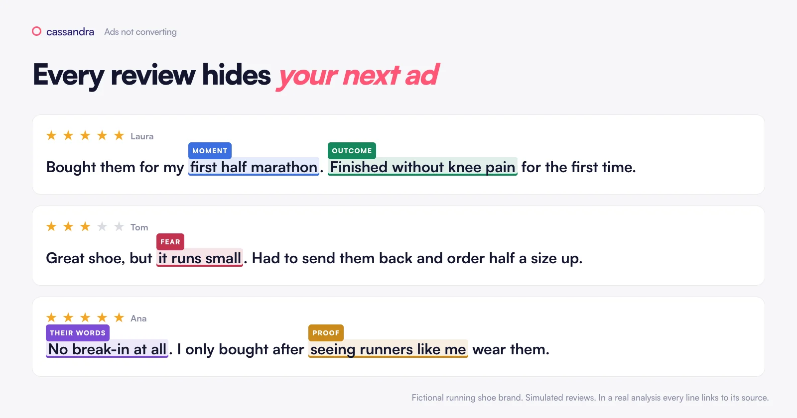 Every review hides your next ad: moments, outcomes, fears, their words and proof highlighted in reviews