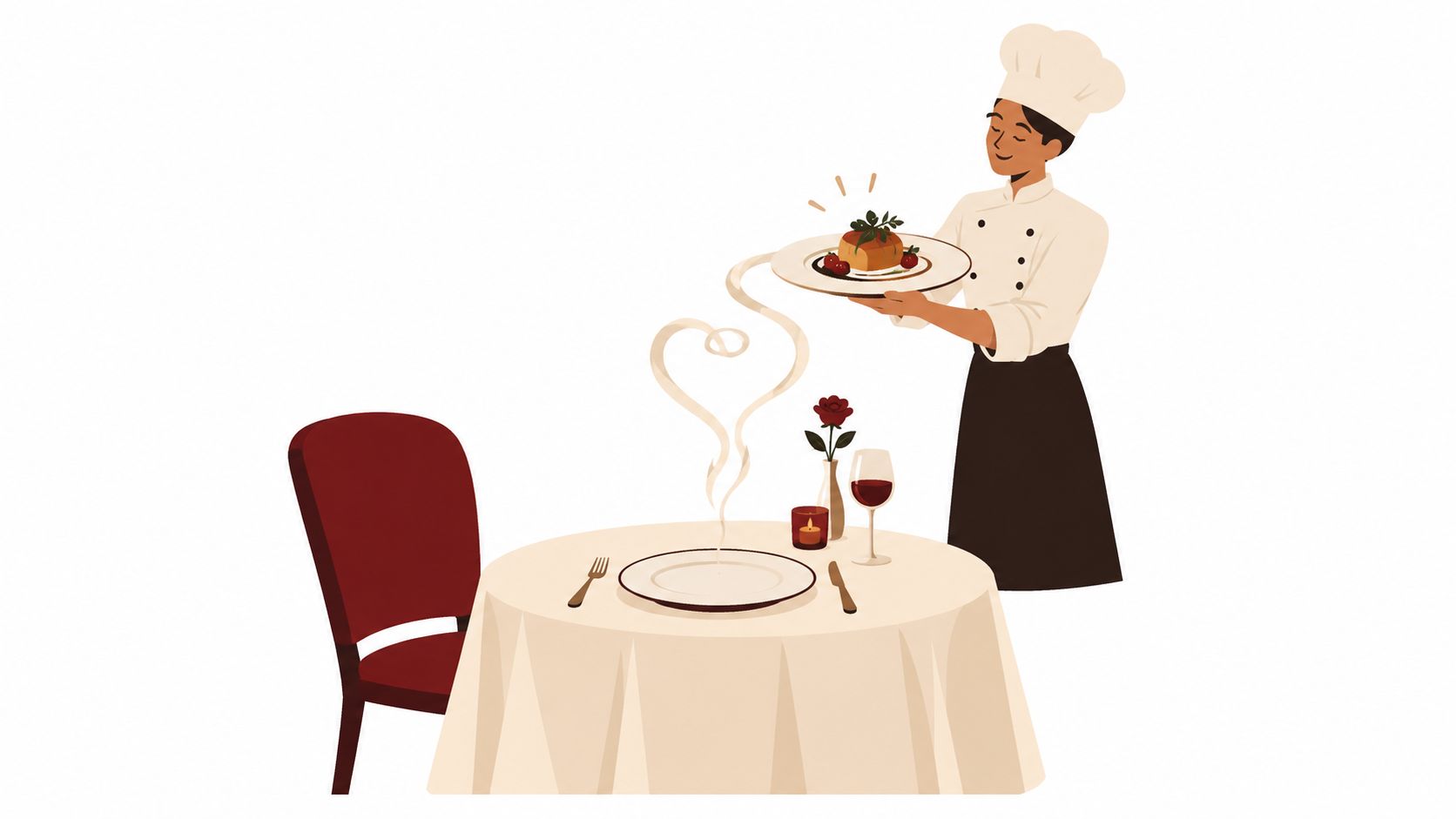 Un chef profesional sirviendo un plato elegante en una mesa romántica preparada para una cena especial.