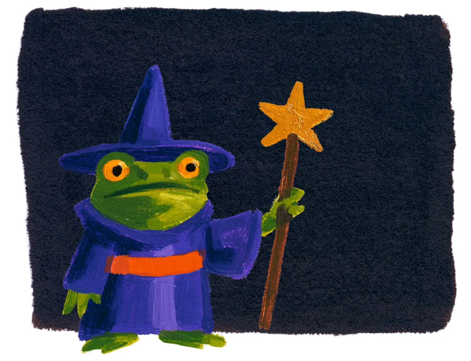 A friendly frog wizard in a purple pointed hat and robe holds a golden star-tipped staff against a dark background.