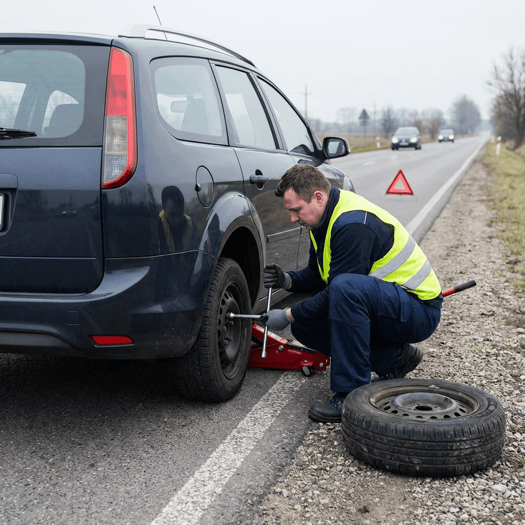 wymiana koła na poboczu drogi przez pomoc drogową Mago Car