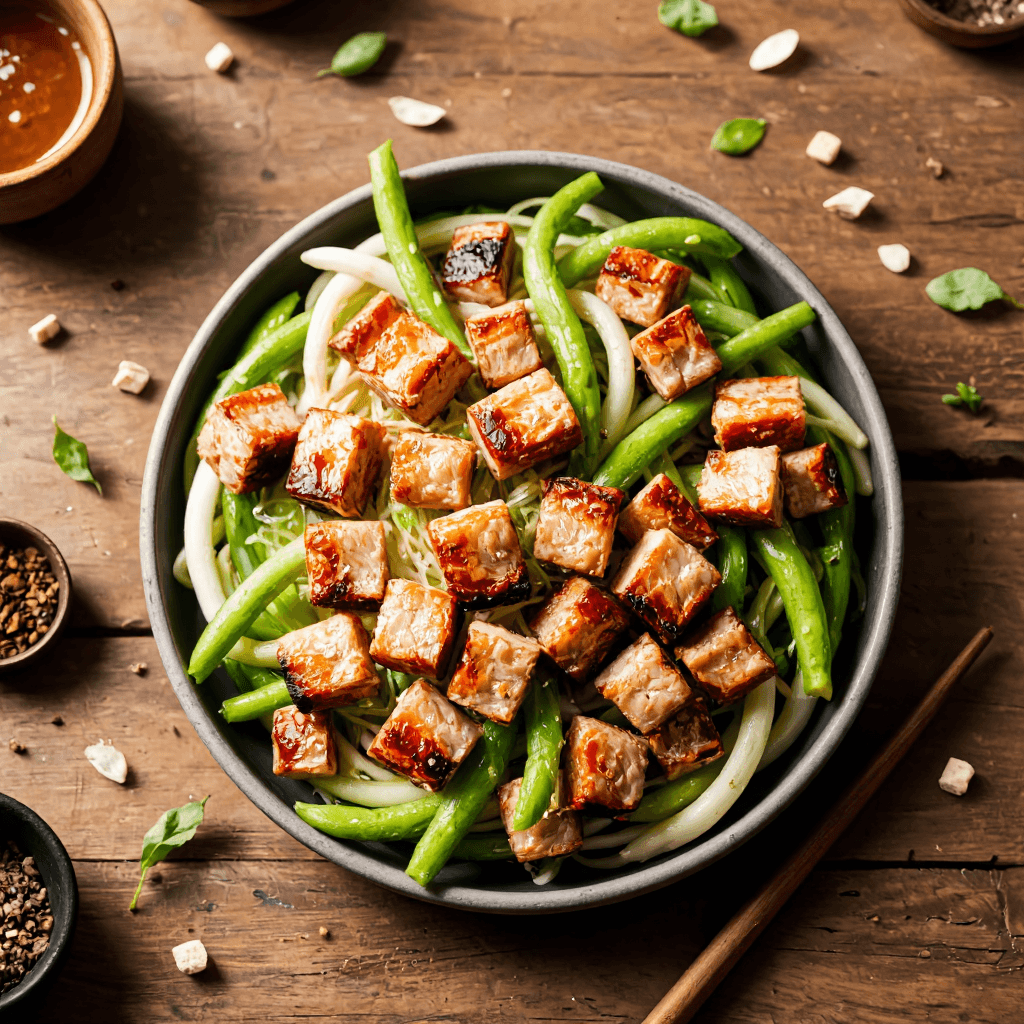 product photography of a platter of grilled pork belly slices served with bean sprouts