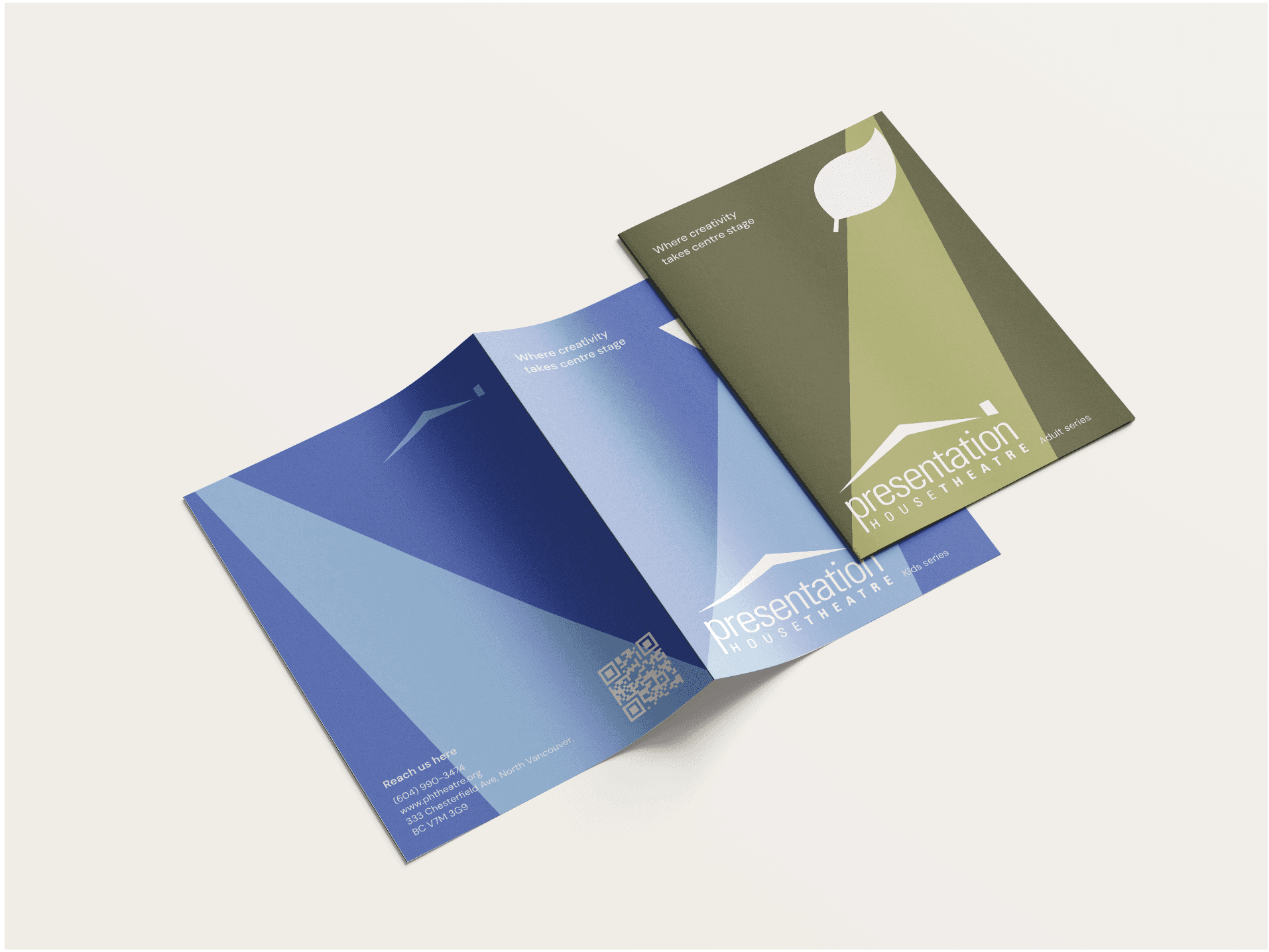 Mockup of the front and back for a green and blue broshure