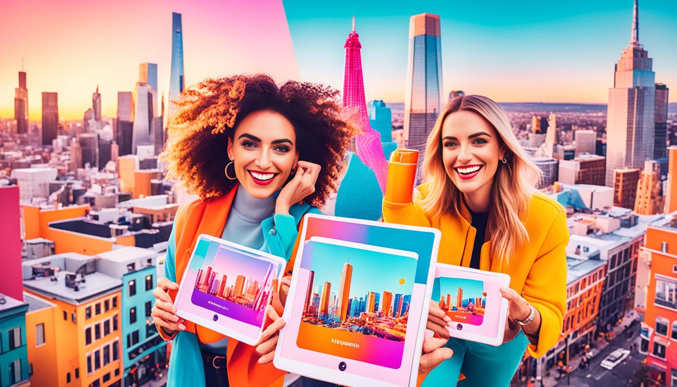 Create an image showcasing influencers and brands collaborating to increase engagement on Instagram. The image should feature two individuals from different industries working together, each holding their respective products and smiling towards the camera. The background should be a vibrant and diverse cityscape, signifying the global reach of influencer marketing. The colors in the image should be bright and cheerful, conveying a sense of excitement and possibility.