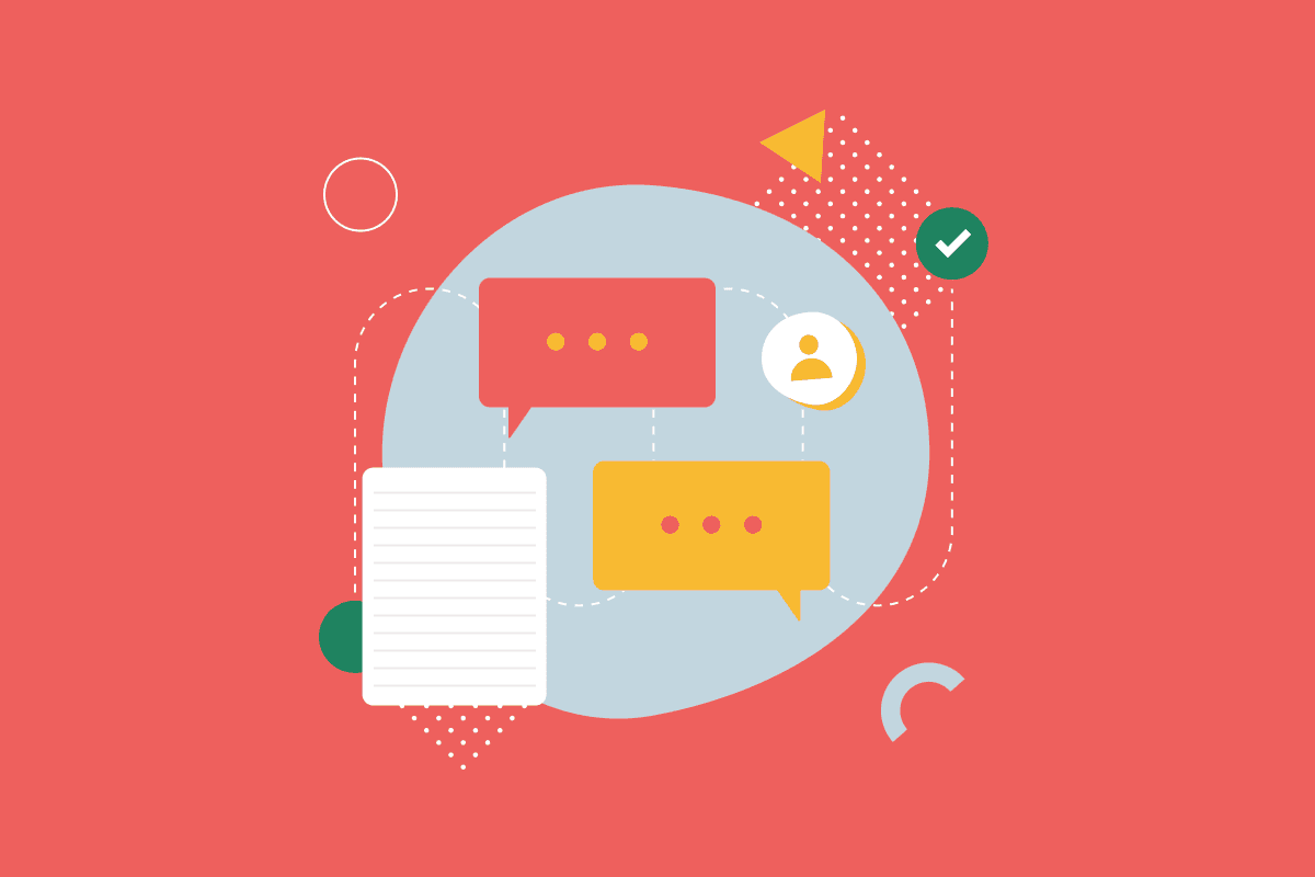 A bubble shape featuring a selection of illustration that represent communication, such as paper and speech bubbles. 