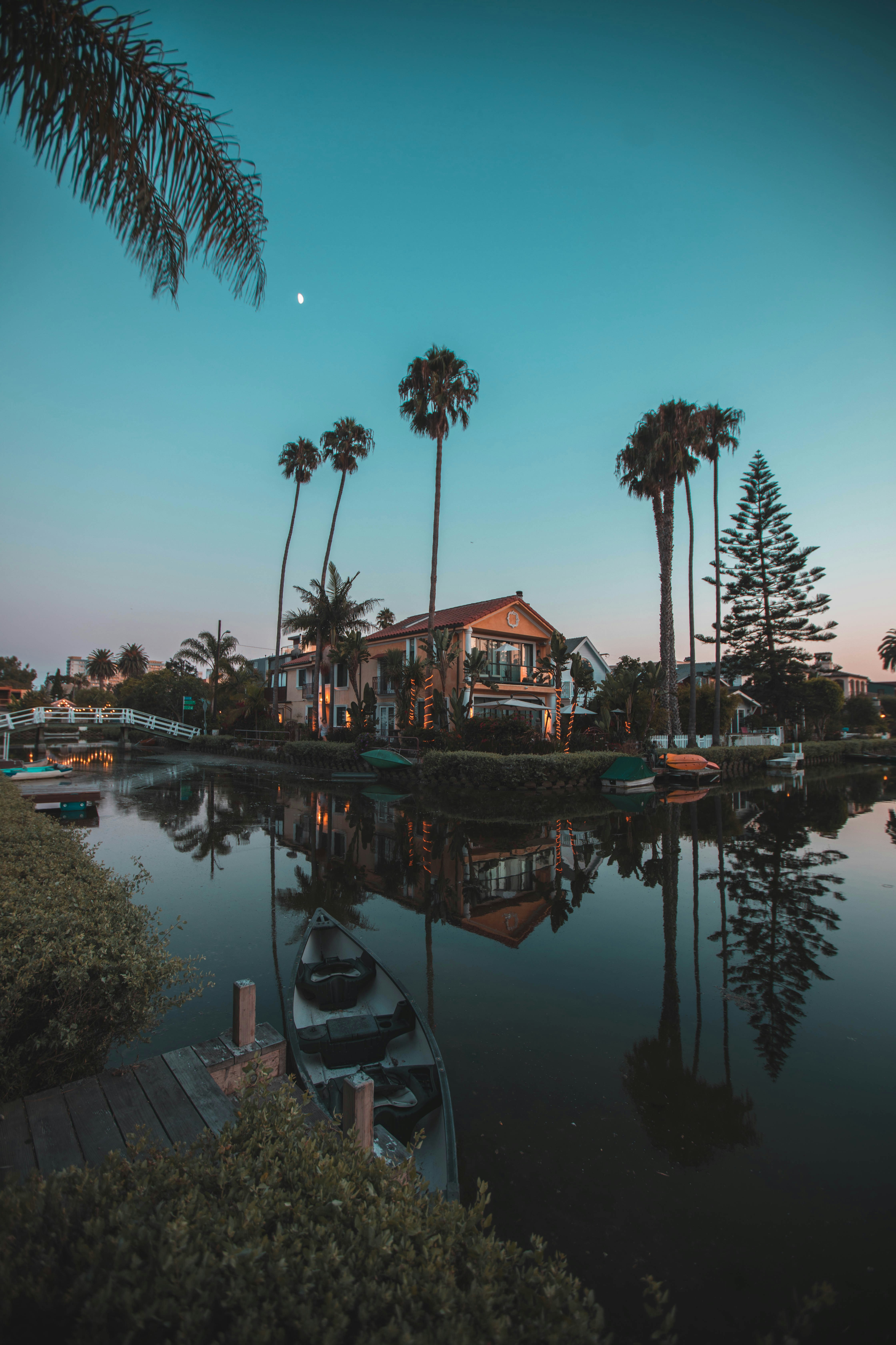 Silhouetted palm trees reflect in calm water under a bright blue sky at dusk.