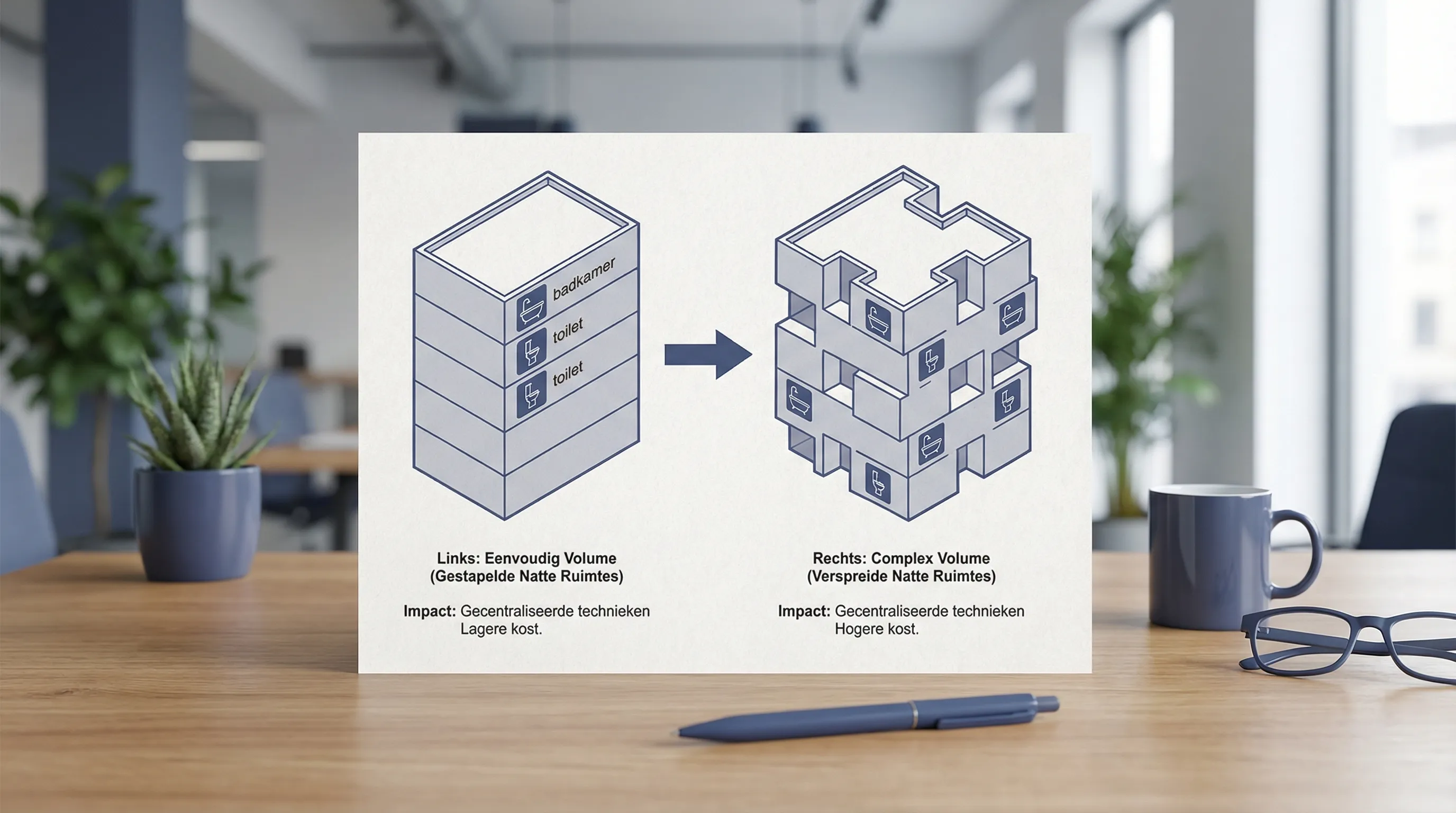 Illustratie met twee woningvolumes naast elkaar: links een eenvoudig rechthoekig volume met gestapelde natte ruimtes, rechts een complex volume met veel insprongen en verspreide natte ruimtes, met korte labels die de impact op technieken en kost tonen.
