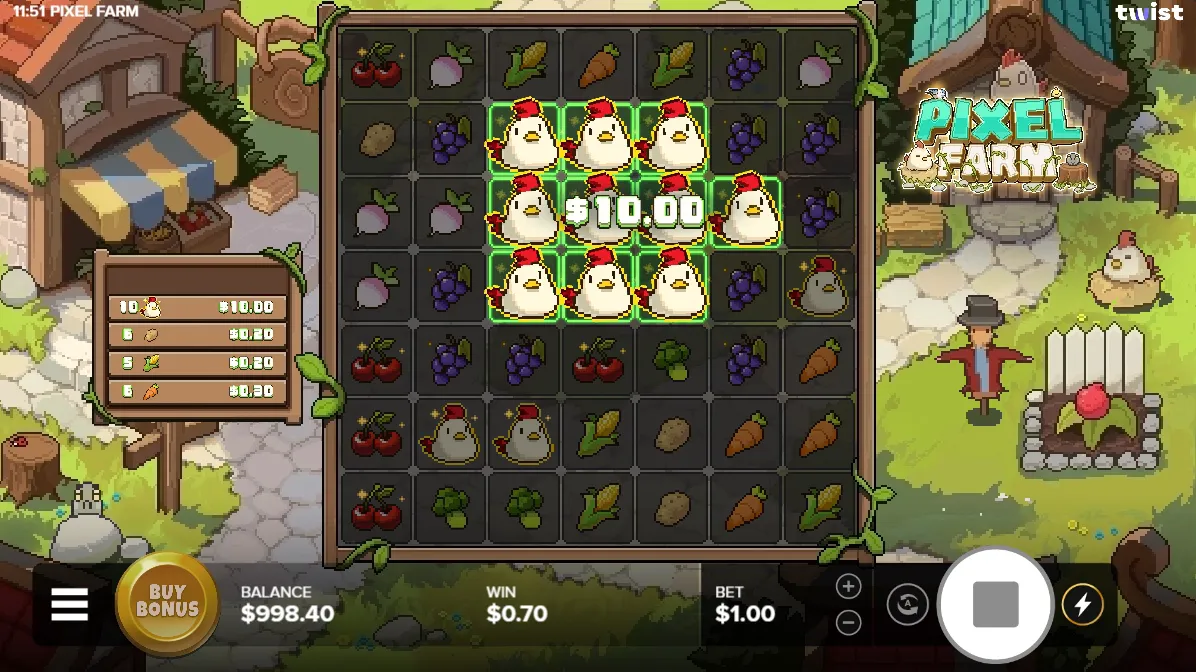 Pixel Farm — cluster de poules gagnant sur la grille