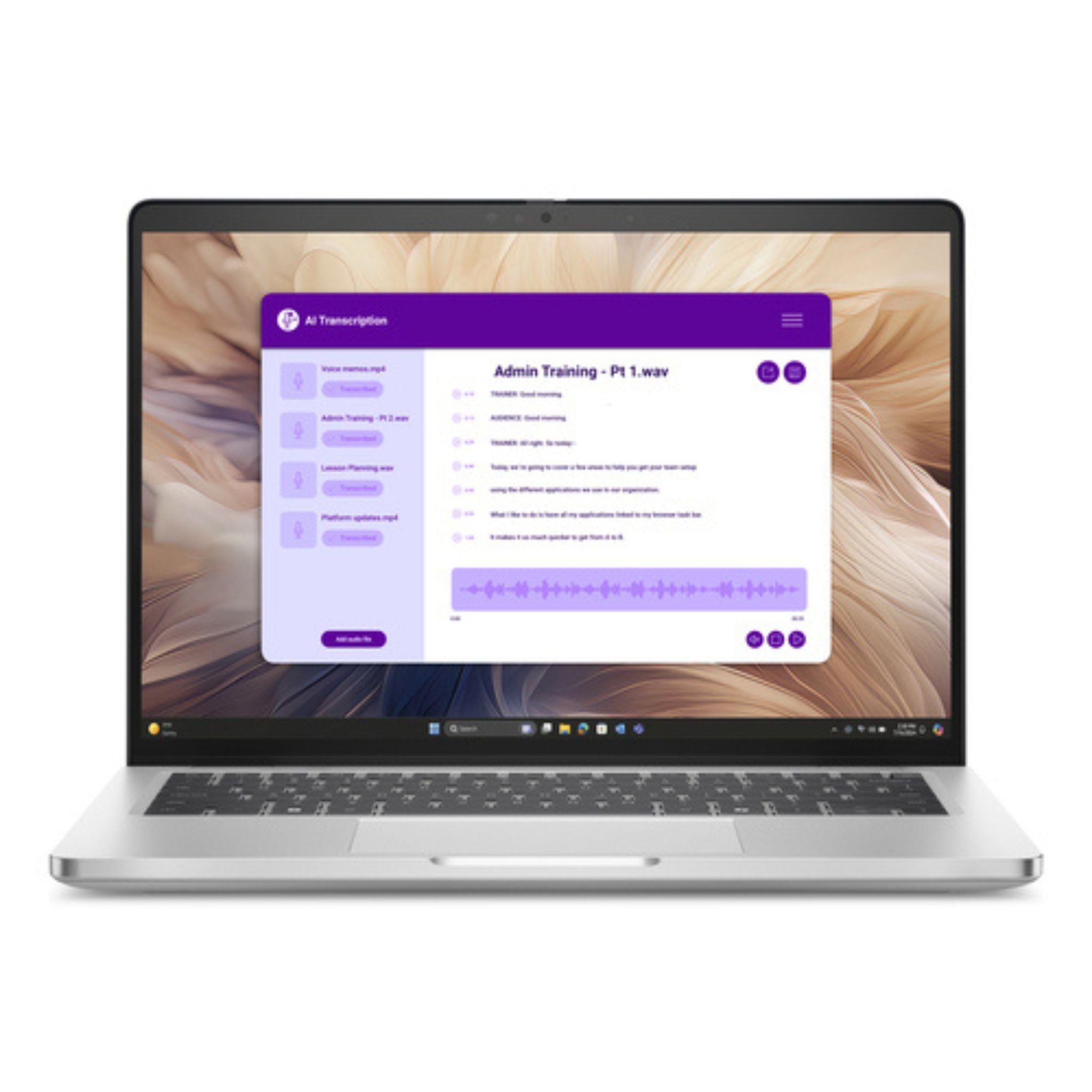 Laptop Dell Pro 14 Plus vista frontal con pantalla de 14 pulgadas mostrando software de transcripción