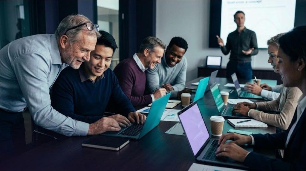 A senior leadership team at laptops in a boardroom working session. An older finance director is shown a result by a younger colleague while others laugh at what is on their screens
