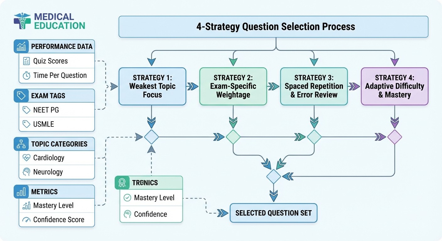Oncourse 4-strategy question selection algorithm flowchart