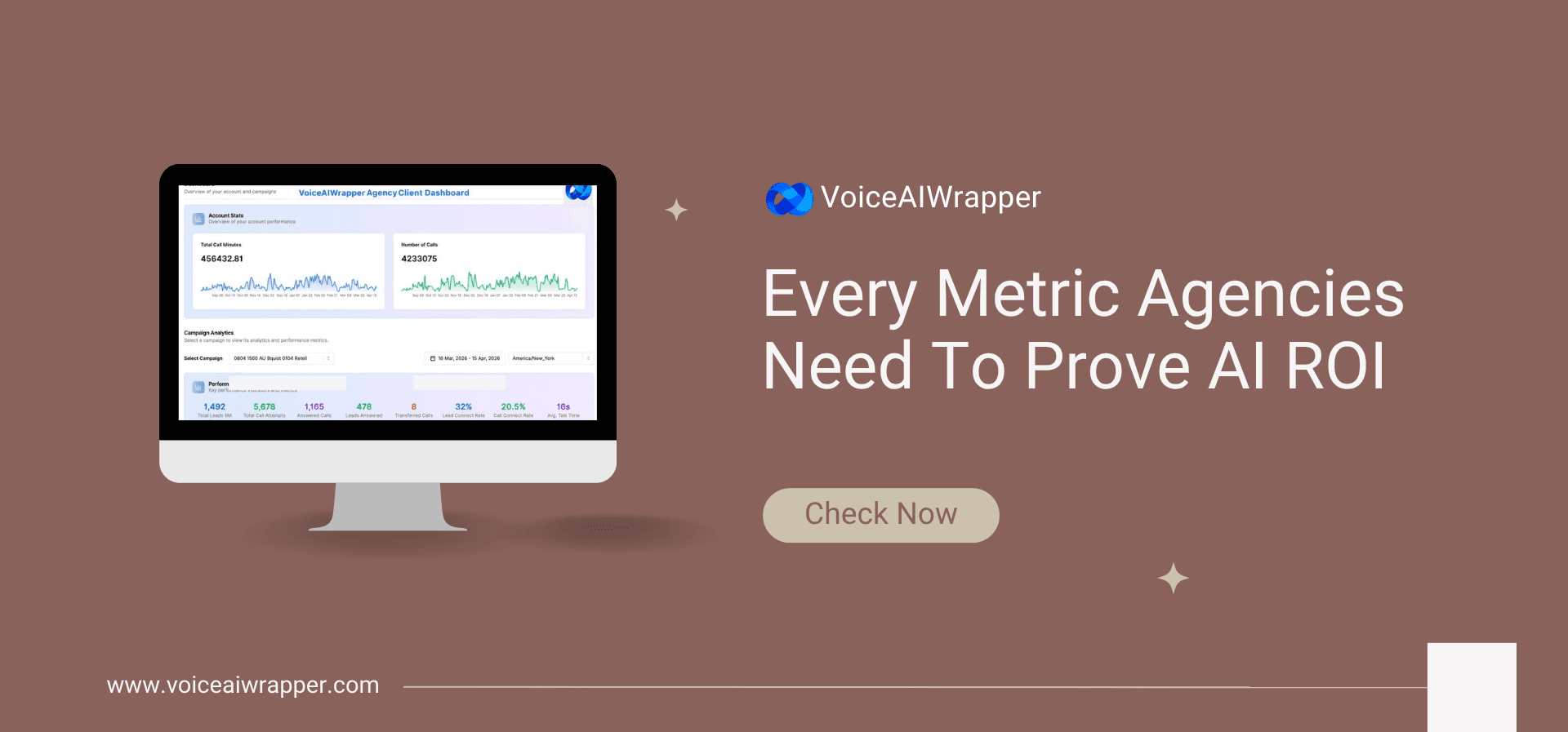  VoiceAIWrapper Agency Client Dashboard displaying call volume, lead, and call-connect performance metrics | VoiceAIWrapper.