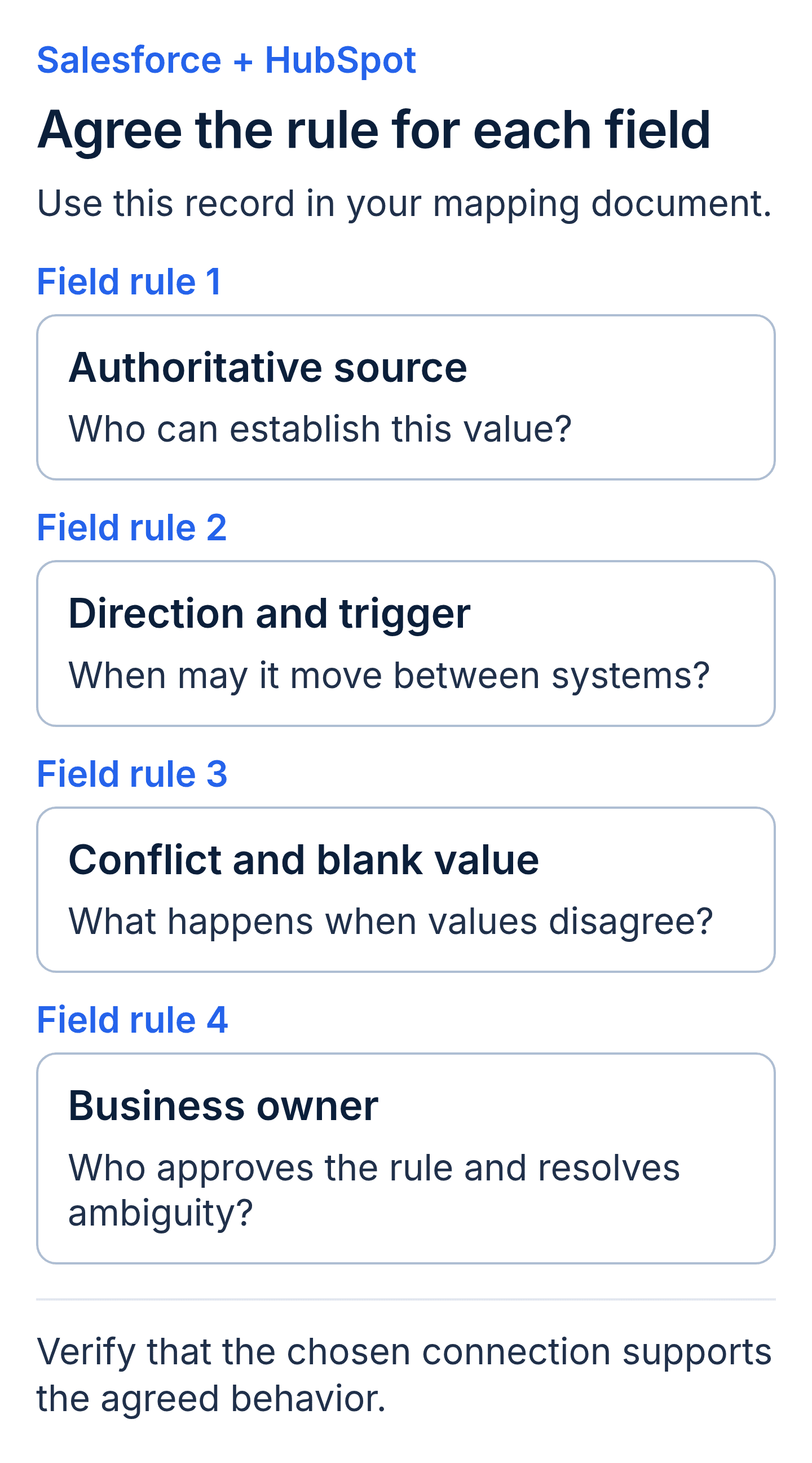Per-field integration contract: record the authoritative source, allowed sync direction and trigger, behavior for conflicts and blank values, and the accountable business owner.