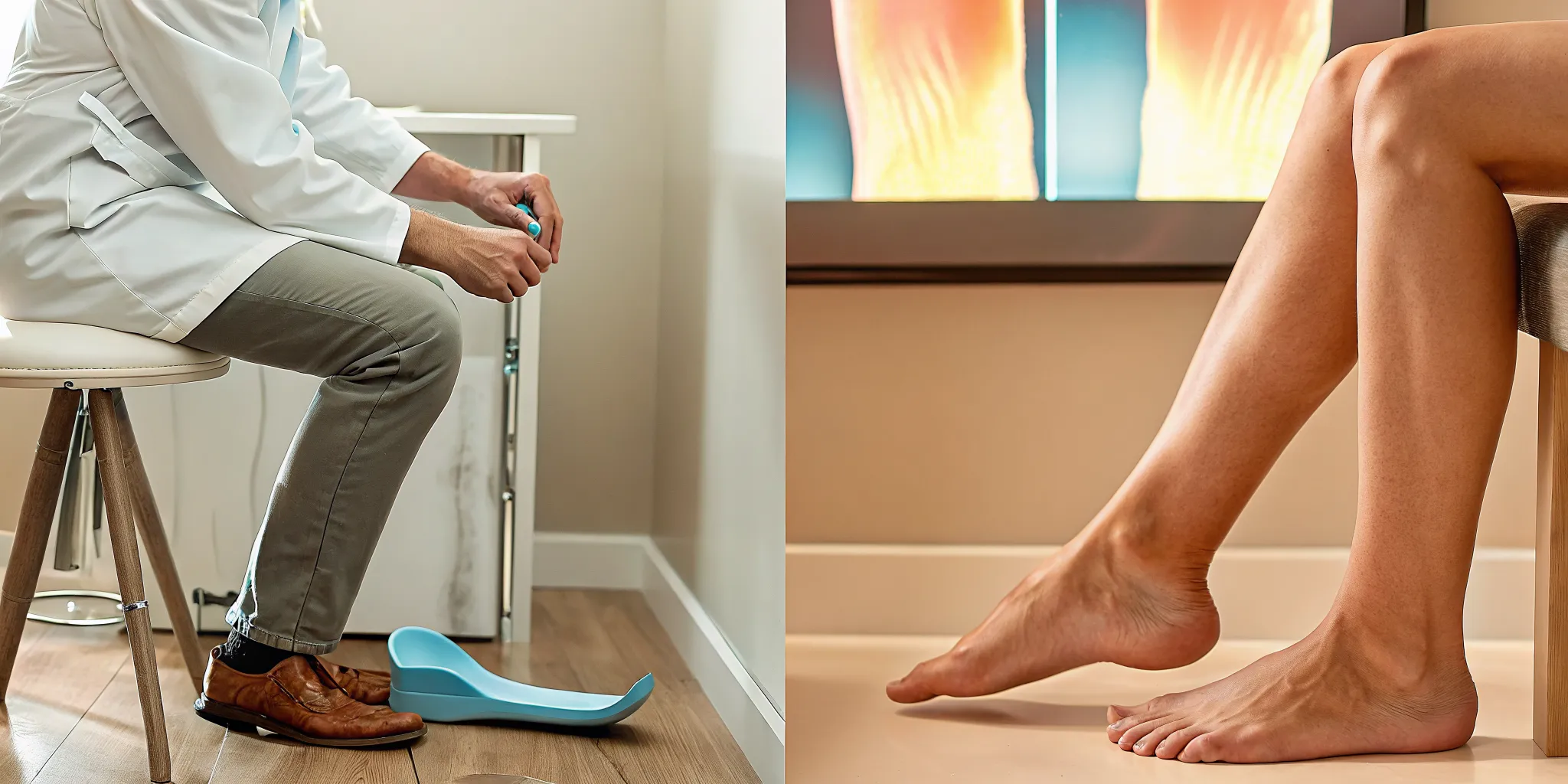 Podiatrist or orthopedic foot and ankle surgeon examining a patient's foot in a clinic.