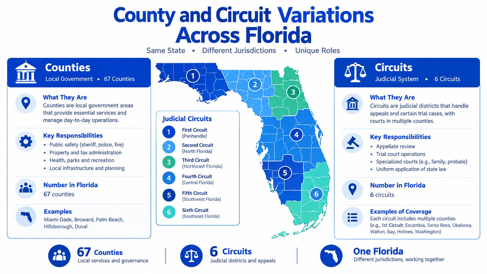 An infographic detailing the distinction between Florida's 67 counties and 6 judicial circuits within the state.